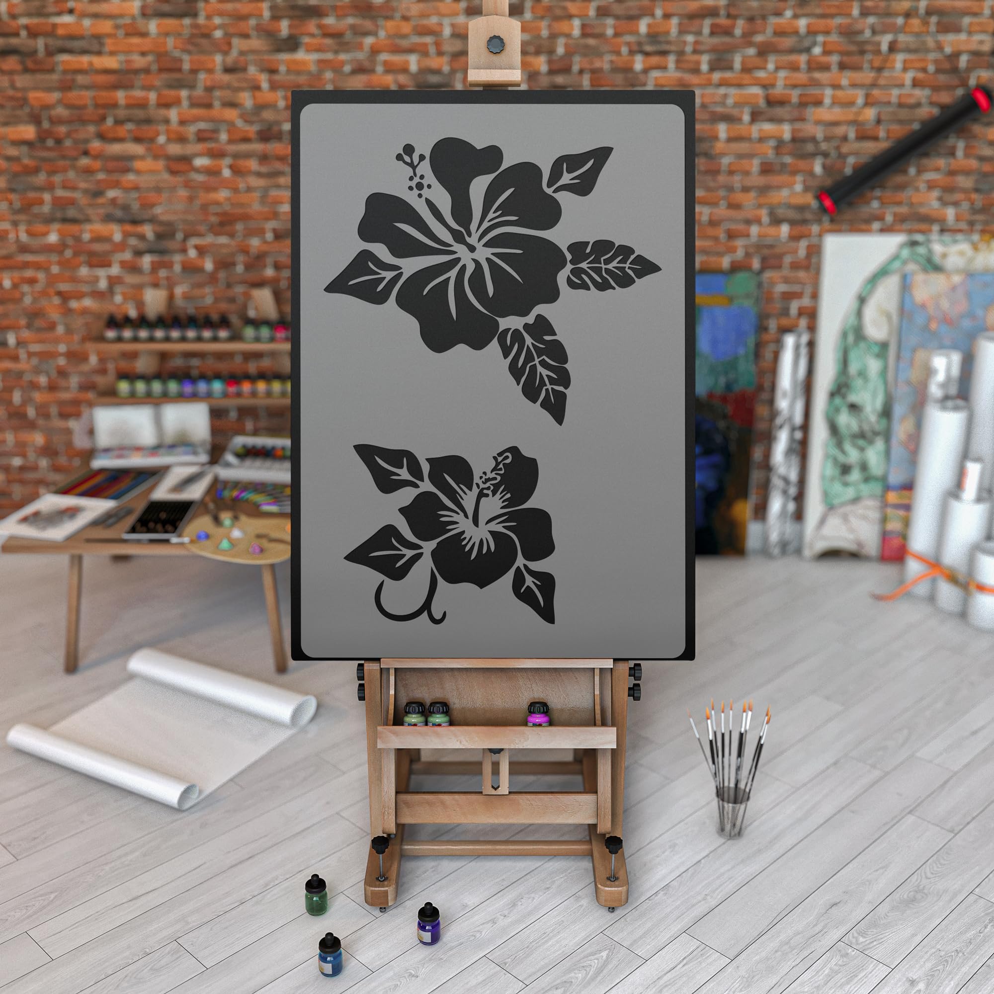 NAKLEO Szablon Malarski do Malowania Ścian, 59x95 cm Hibiskus Róże Wiosna Kwiaty, Wielorazowy Wielokrotny Plastik, Wzór DIY Rękodzieło Dom Dekoracje Wnętrz, Papier Ściany Tkaniny Drewno Meble