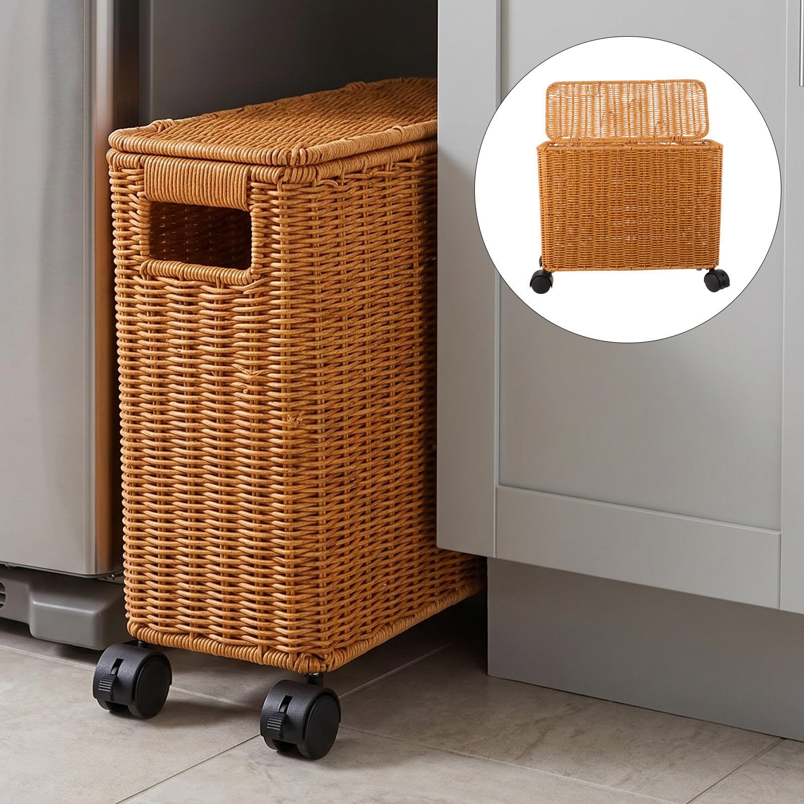 Contenitore per Stoccaggio in Pe con Aspetto Intrecciato, Capacità di Carico Elevata, Mobile con Ruote, Forma Rettangolare per Lavanderia e Bagno Moderno