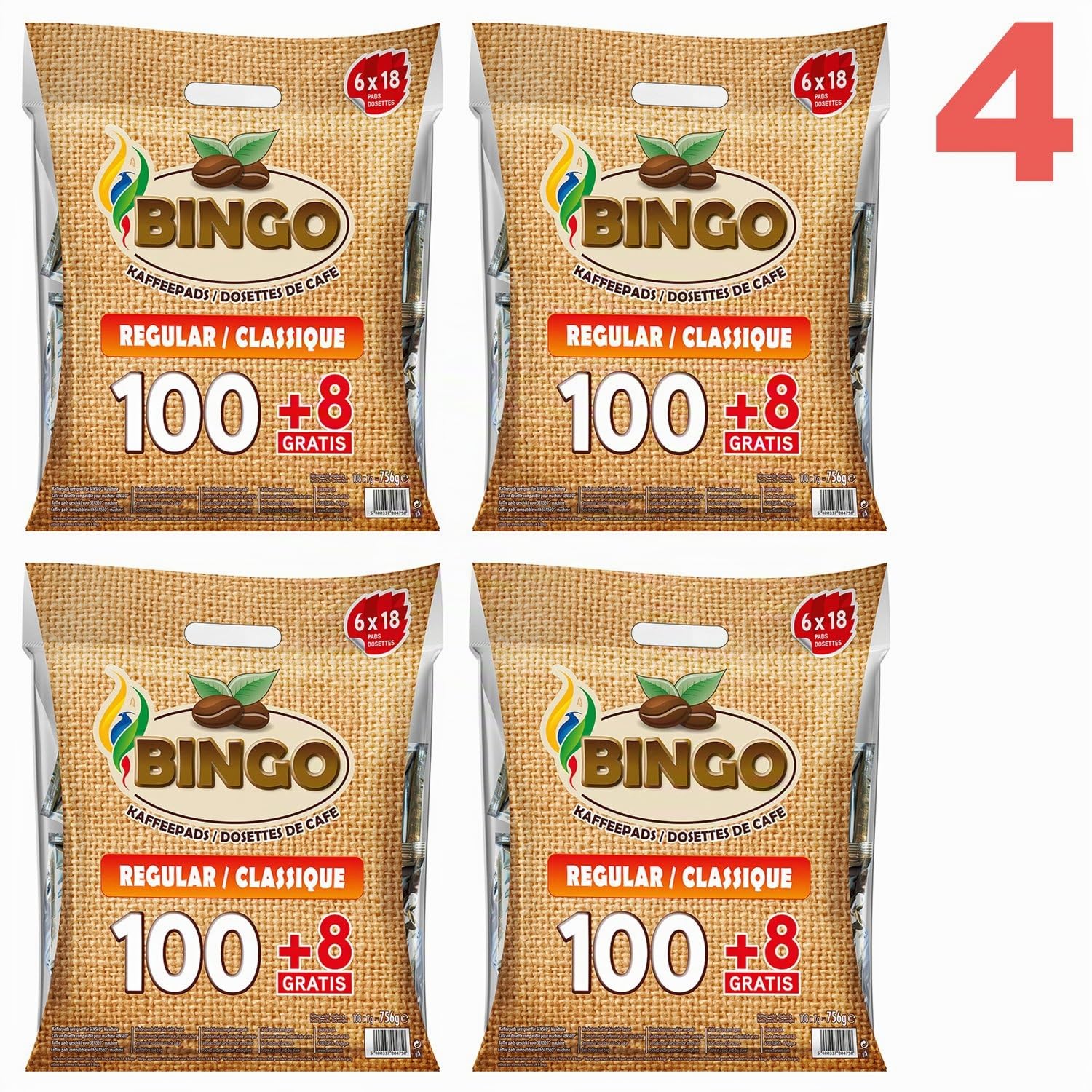 Bingo Kaffeepads Regular, 100 + 8 Pads 4x 756g (3024g) - mit nachhaltiger Crema