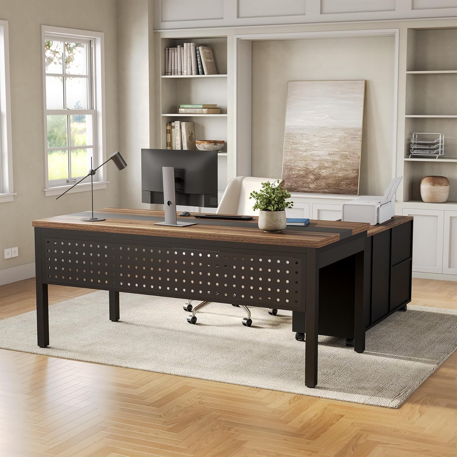 LITTLE TREE 70.8" Executive Desk with Lateral File Cabinet, Modern Thickened Wooden Workstation L-Shaped Computer Desk Large Home Office Writing Desk for Home Office