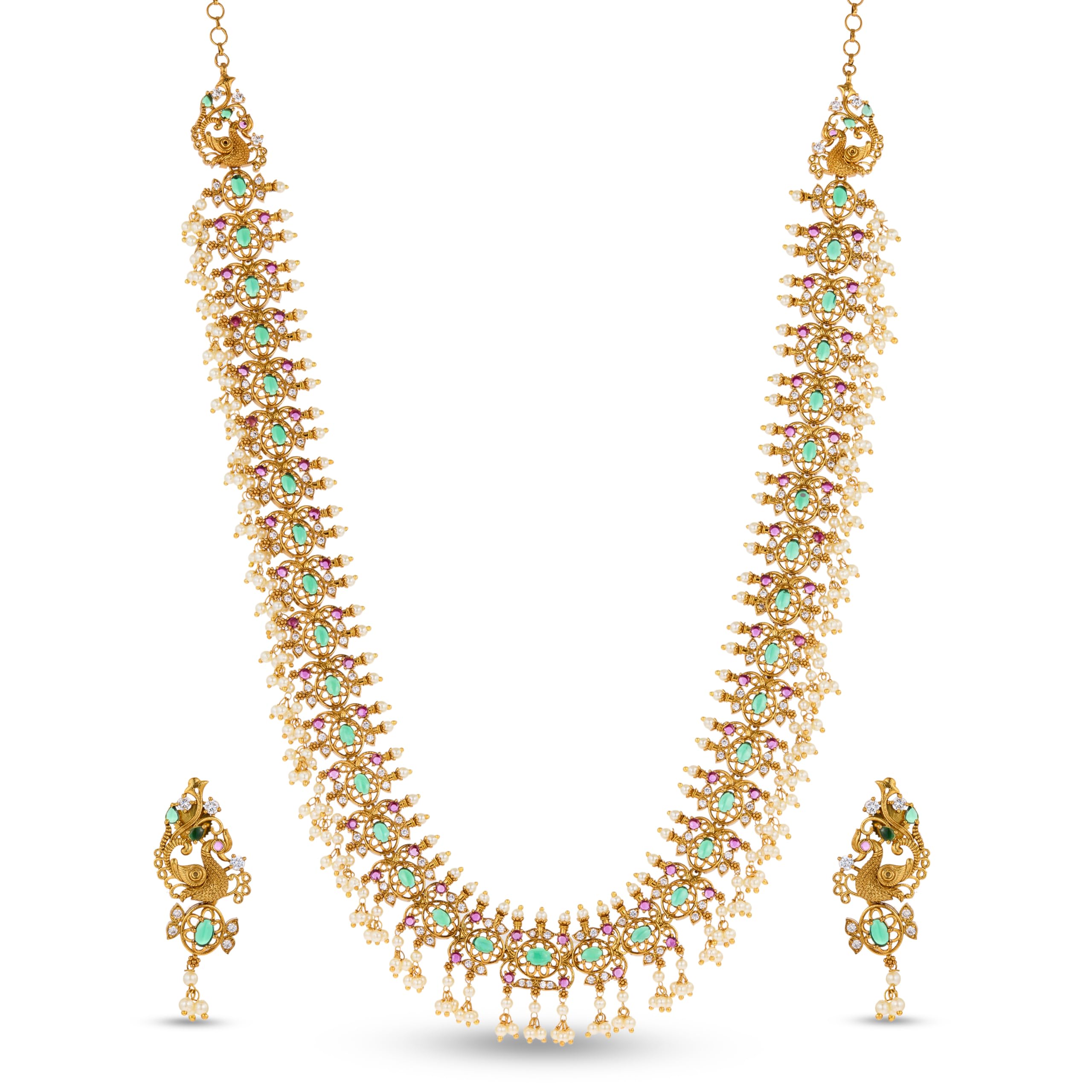 Womens 22K Gold-Plated Pink Kemp & Emerald Zirconia Crystal Studded Handcrafted Long Pearl Beaded Necklace Set - Ideal for Weddings, Parties & Special Occasions-image-39