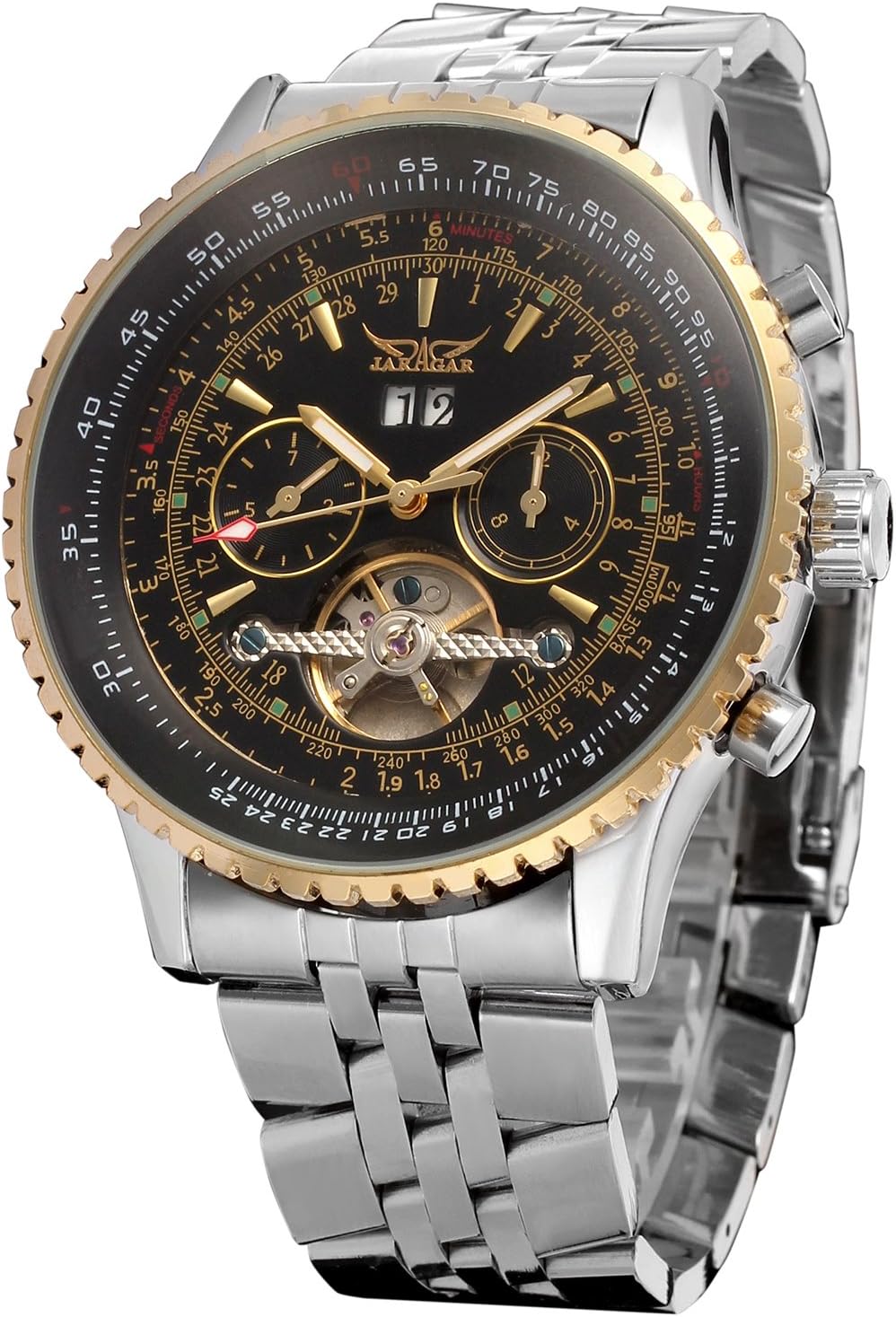 Men's Self Winding Waterproof Automatic Stainless Steel Skeleton Tourbillon Calendar Wrist Watch