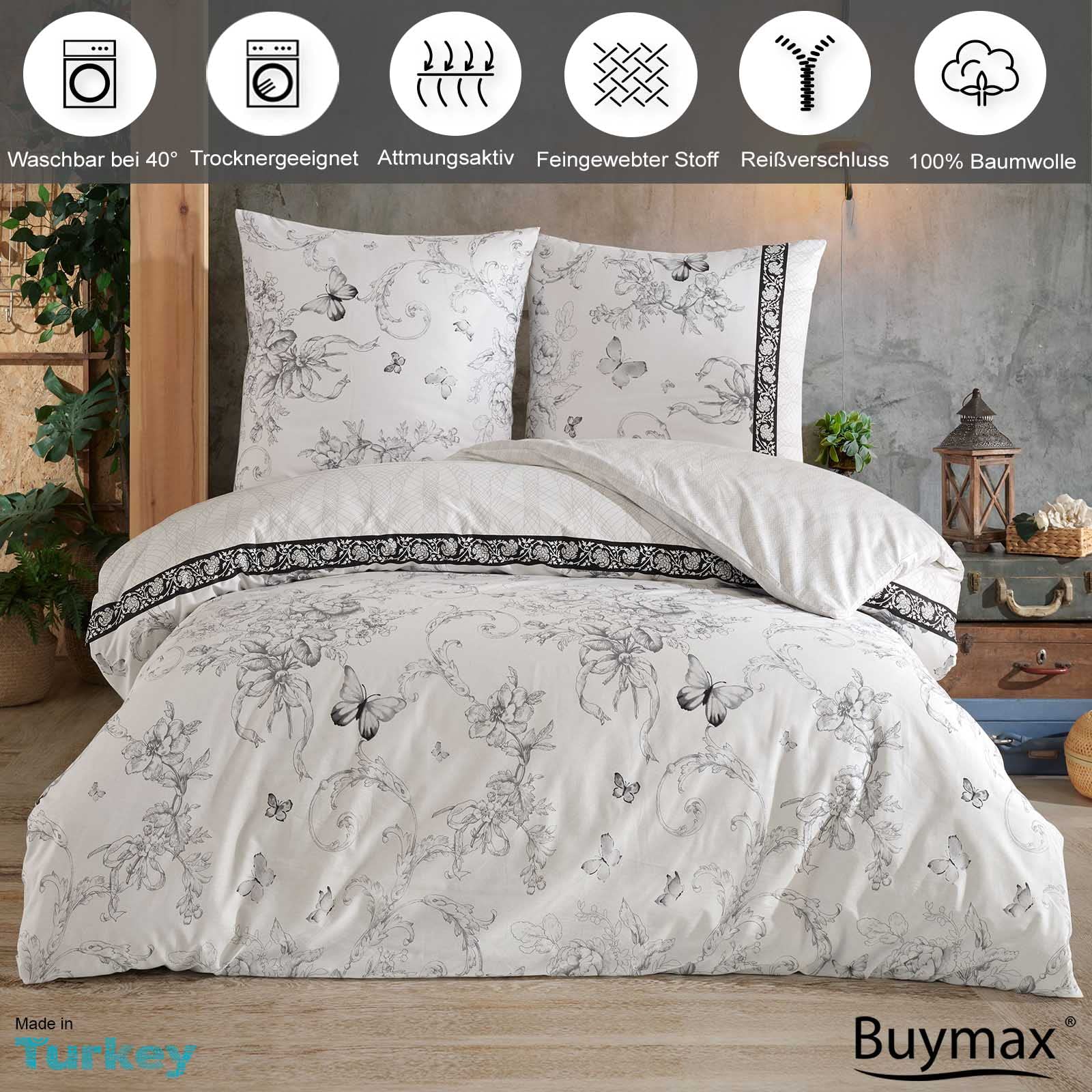 Buymax Bettwäsche 135x200 cm 4-teilig – Bettwäsche Set Renforcé 100% Baumwolle, 2 x Bettbezug 135x200 cm und 2 x Kissenbezüge 80x80 cm, Oeko-TEX, Reißverschluss, weich und atmungsaktiv