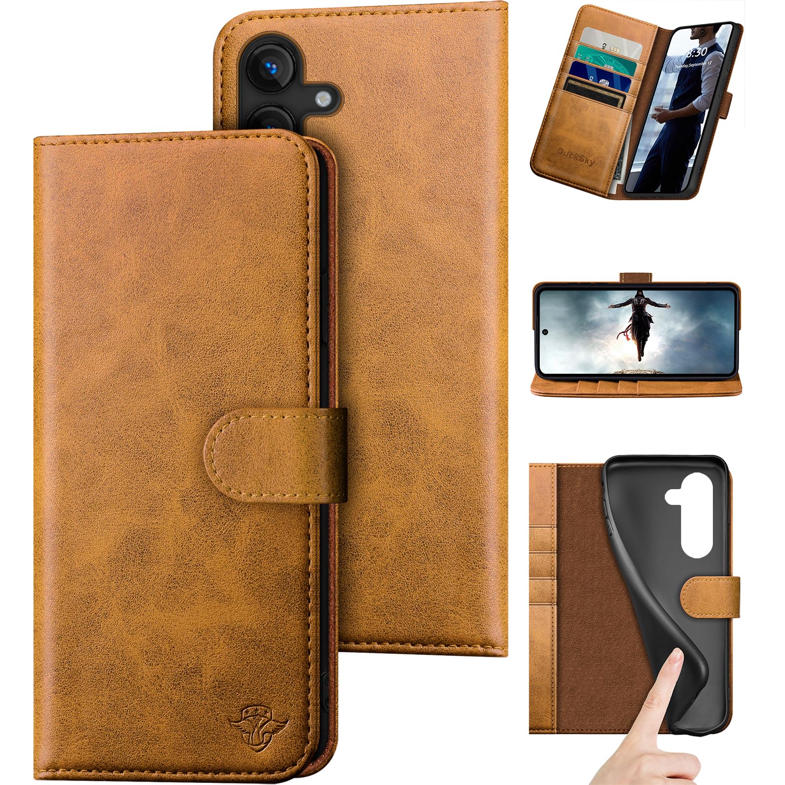 DuckSky compatible with Samsung Galaxy S25 Plus Genuine Leather Wallet case【RFID Blocking】【4 Credit Card Holder】【Real Leather】Flip Folio Book Phone