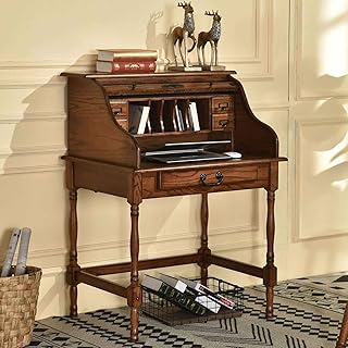 Mini Roll Top Desk Solid Oak Wood 32x24x44 Burnished Walnut Finish Small Desk for Home Office, Kitchen, Bedroom, Living Room, or Den