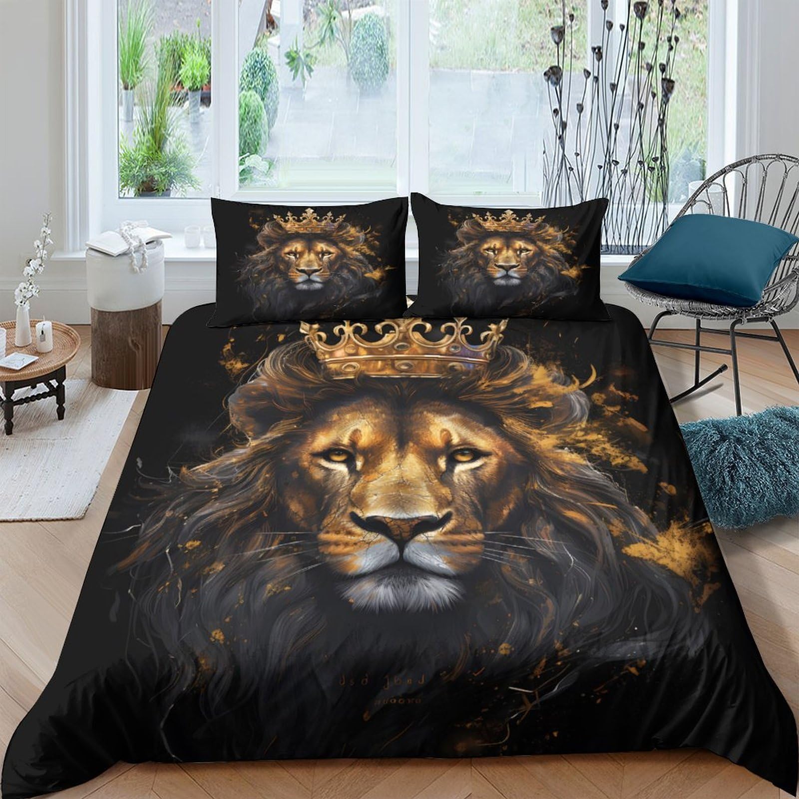 Ctjqhvkz Style-5 3D Printed Lion King Fitted Sheet Microfiber Black Gold Crown Bed Cover For Bedroom Guest Room Mattress Protection Decor Single（135X200cm）