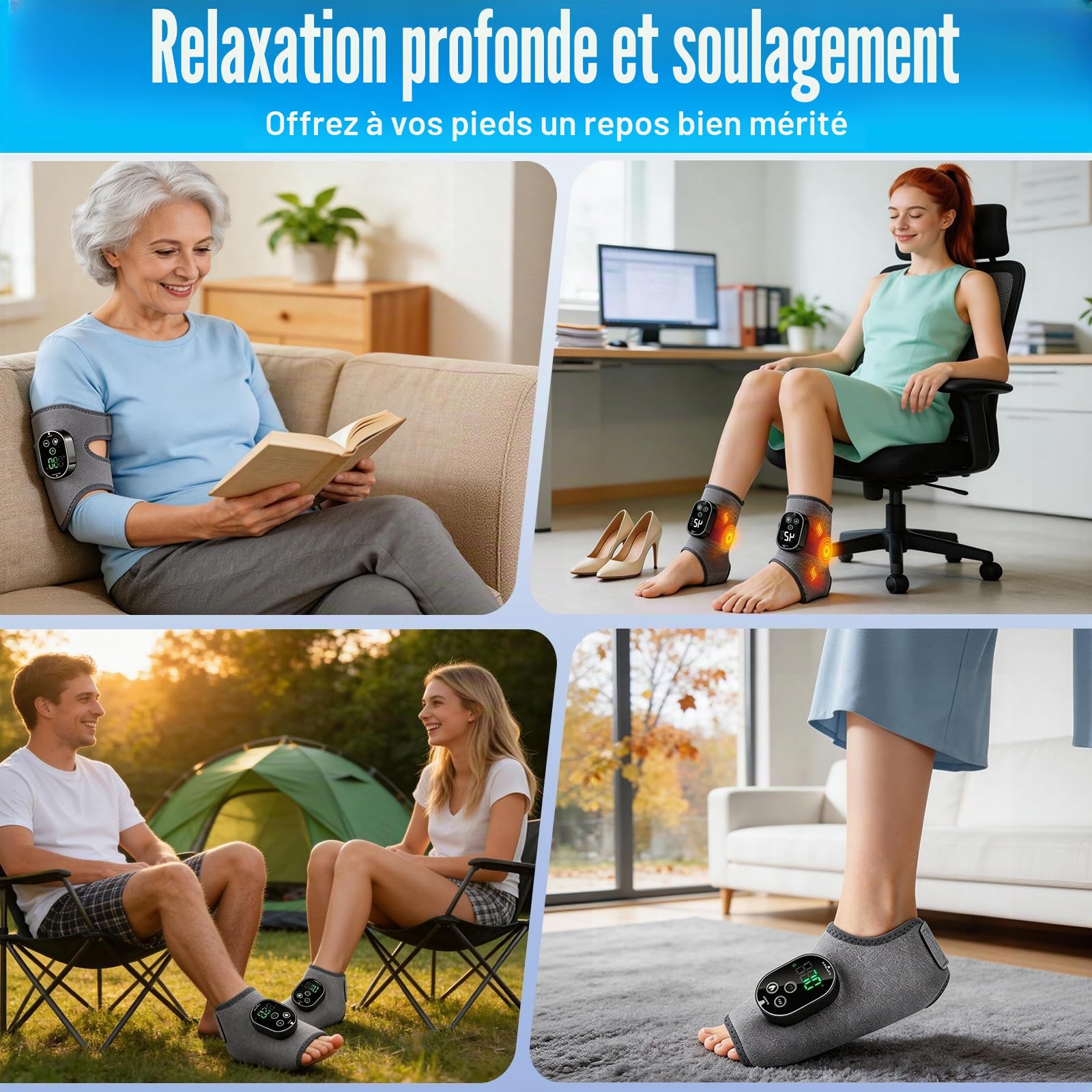 Masseur Pied Électrique,2 Pièces Appareil Massage Pied Sans Fil avec 3000mAh Batterie,3 Intensités de Vibration,6 Niveaux de Température,Massageur de Cheville pour Personnes Âgées,Travailleurs Debout