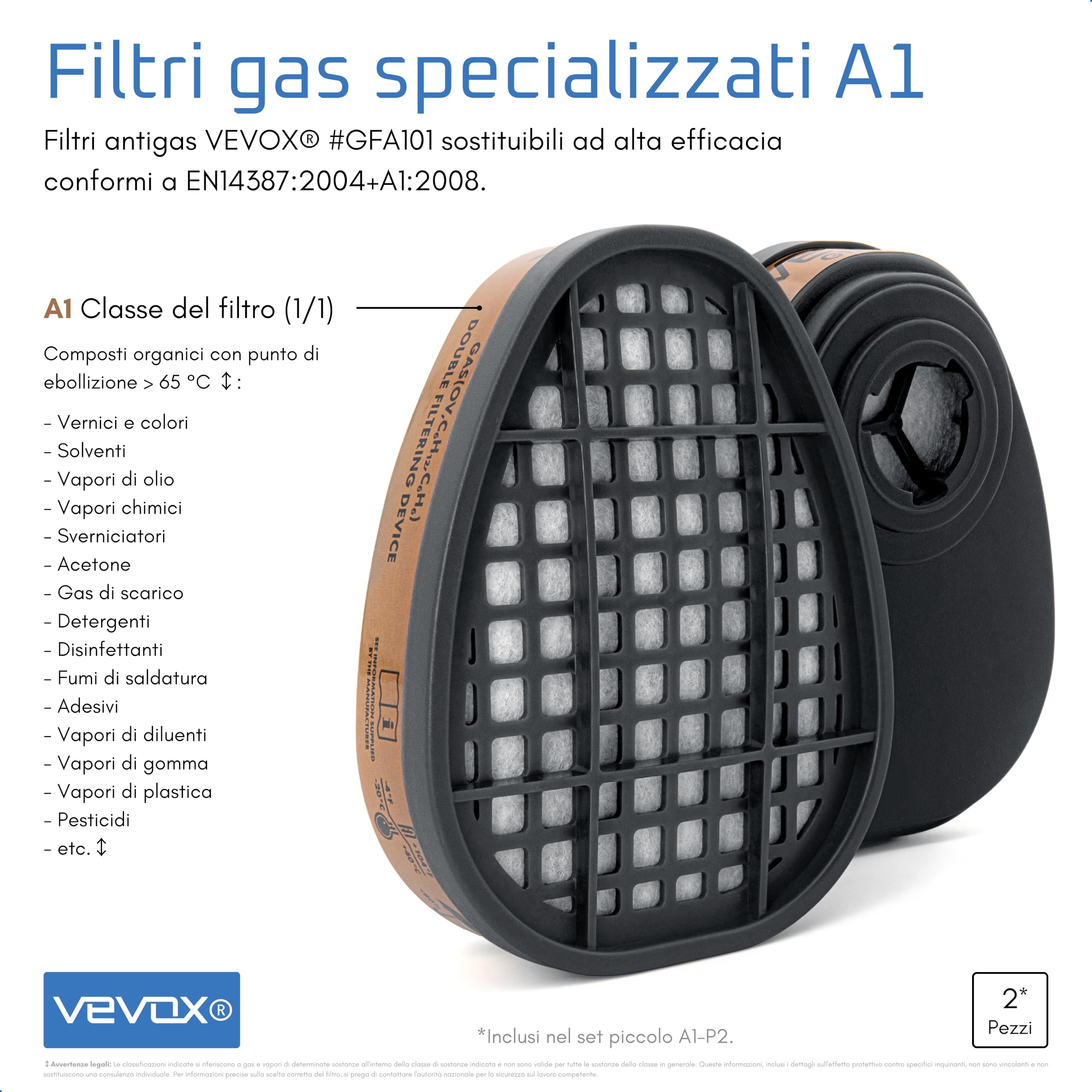 VEVOX® Maschera respiratoria con filtro A1P2 – Protezione da gas, vapori e polveri sottili – Ideale per verniciatura, levigatura e lavori edili – Con 6 filtri P2 antiparticolato e 2 A1 antigas