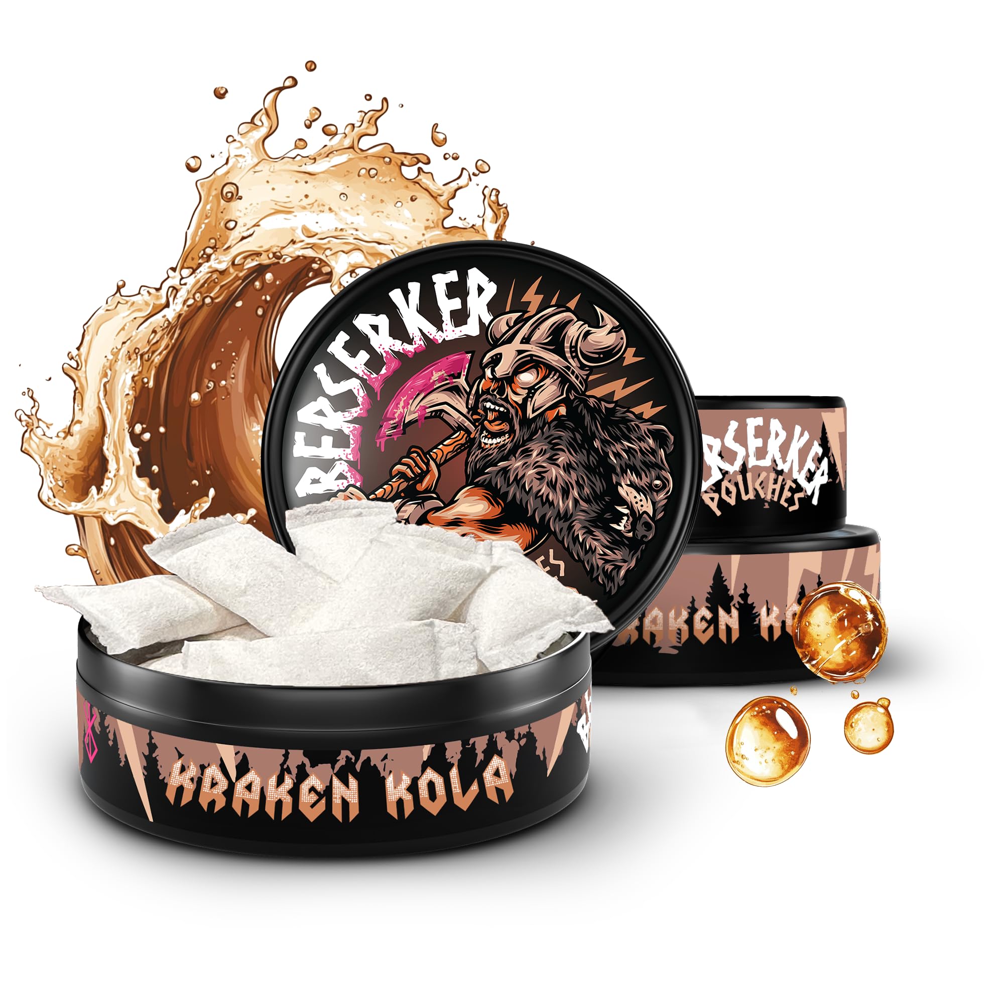 Berserker Energy Pouches - Kraken Cola - Caffeine Infused - 100mg Per Pouch - 3 Pack - Tobacco & Nicotine Free - Energy Drink Replacement