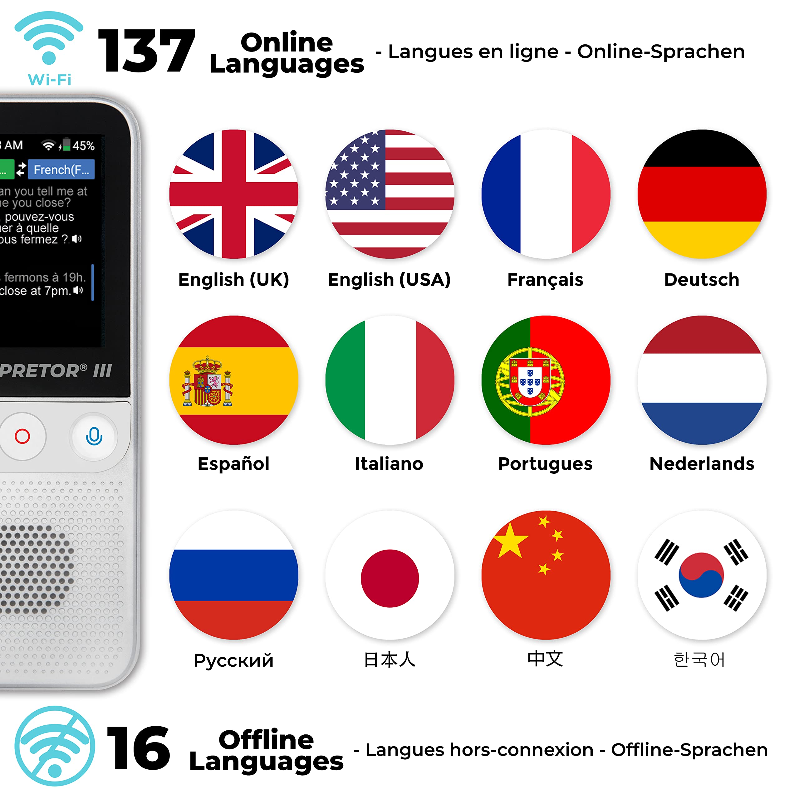 LEXIBOOK, Interpretor 2 Traductor de Voz, NTL3000 | 137 idiomas, traducción por foto, Wi-Fi, soporte offline