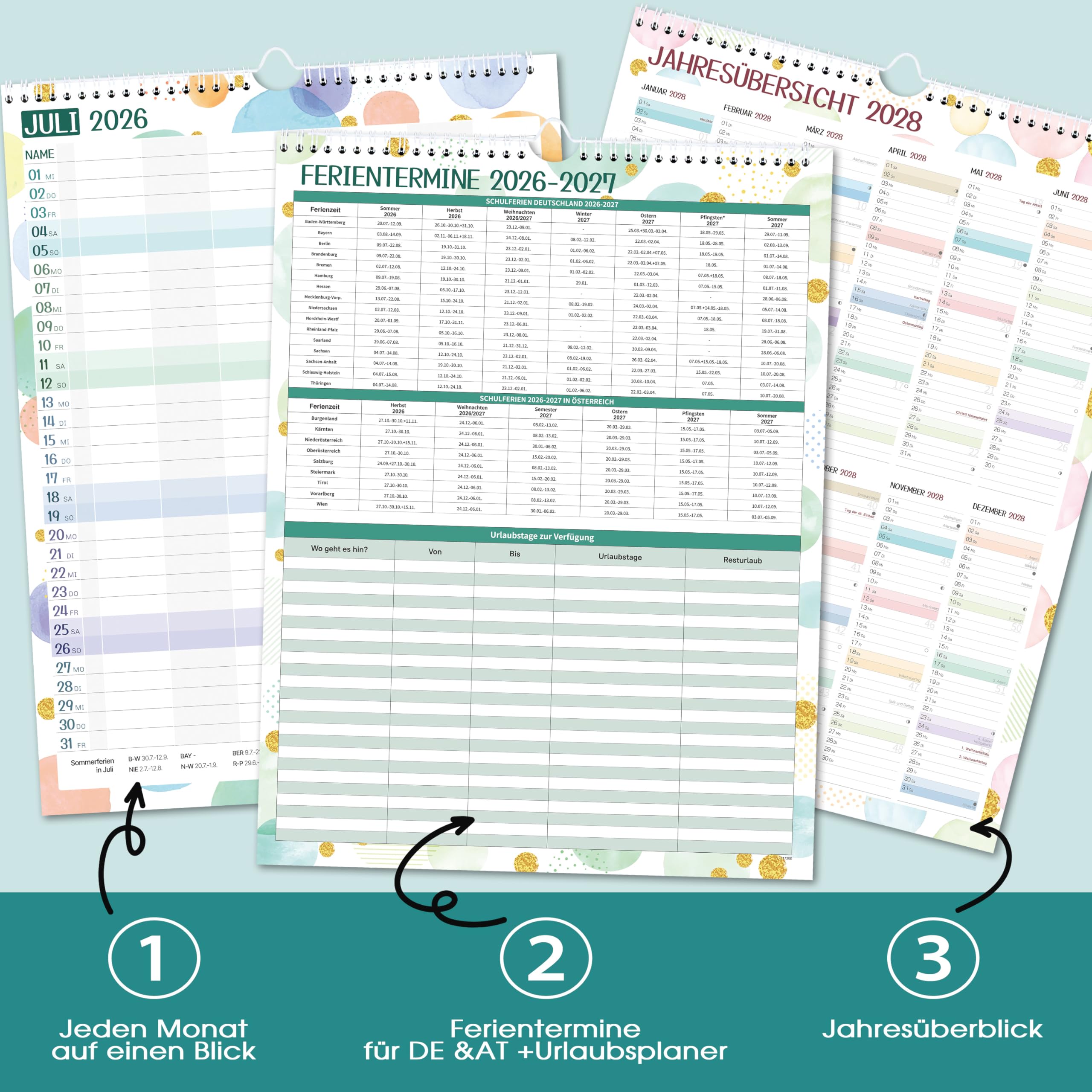 Planificateur familial 2026-2027 - Calendrier familial 7 colonnes juillet 2026 à décembre 2027 - 33 x 44 cm - Bulles colorées