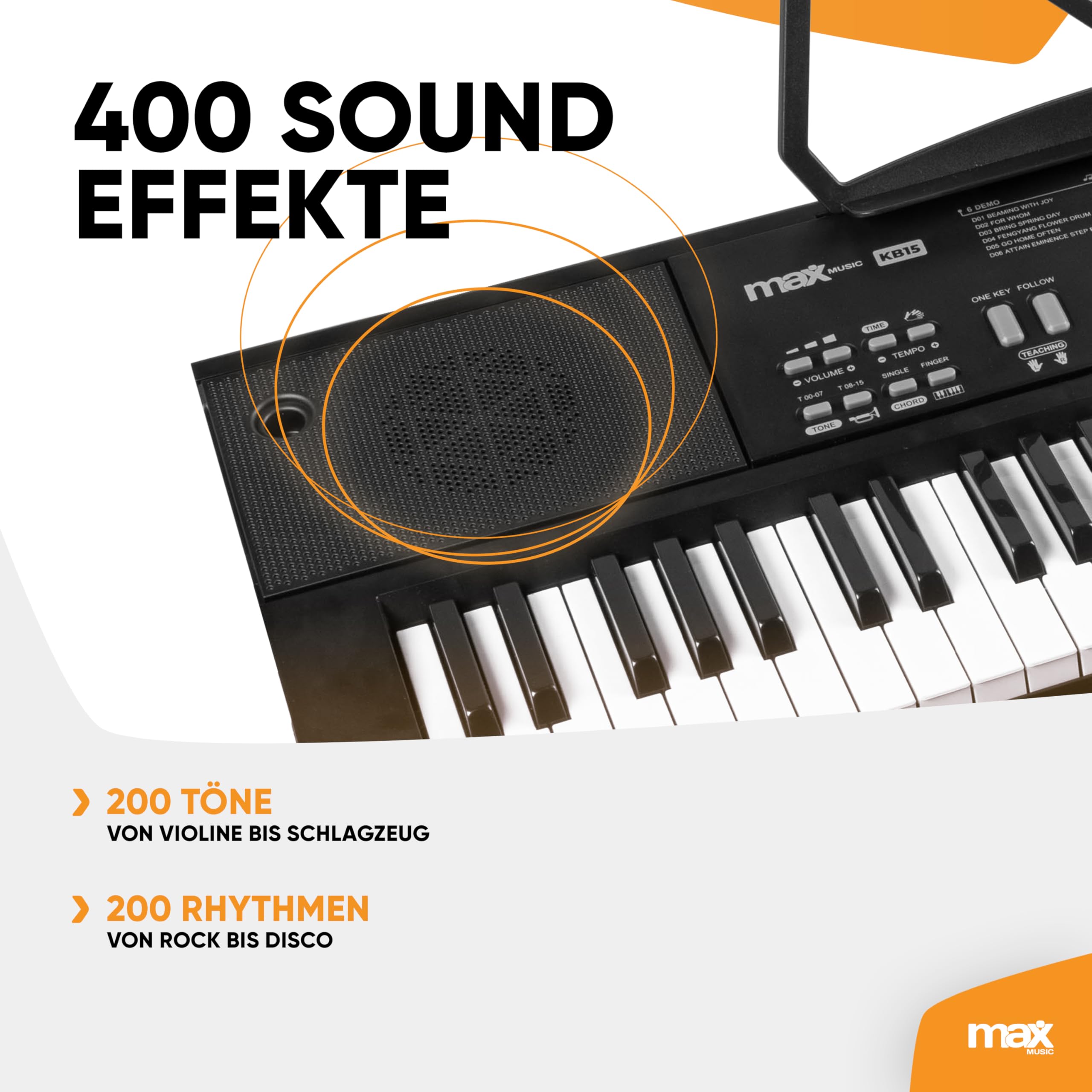 MAX KB15 - Keyboard Piano mit 61 Tasten, E Piano mit Mikrofon und Lautsprecher, LCD Display, 6 Demosongs, Klavier Keyboard für Anfänger, Lern-Funktion, 26 Klangarten, 8 Percussion, USB-C