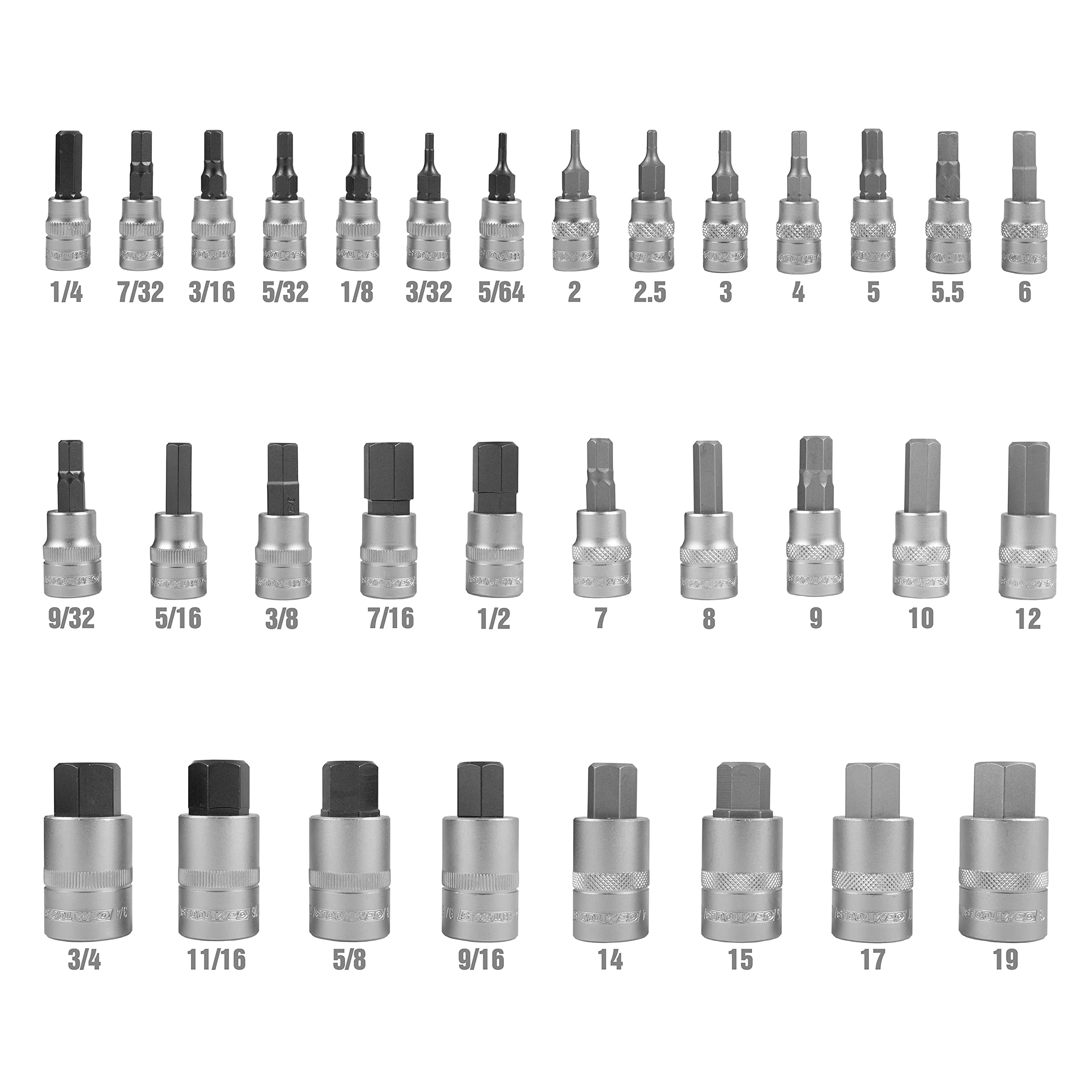 OEMTOOLS 22989 Juego de 32 llaves de vaso hexagonales, SAE y métricas, juego de llaves de vaso hexagonales de 1/2", 1/4" y 3/8" métrico y SAE incluido