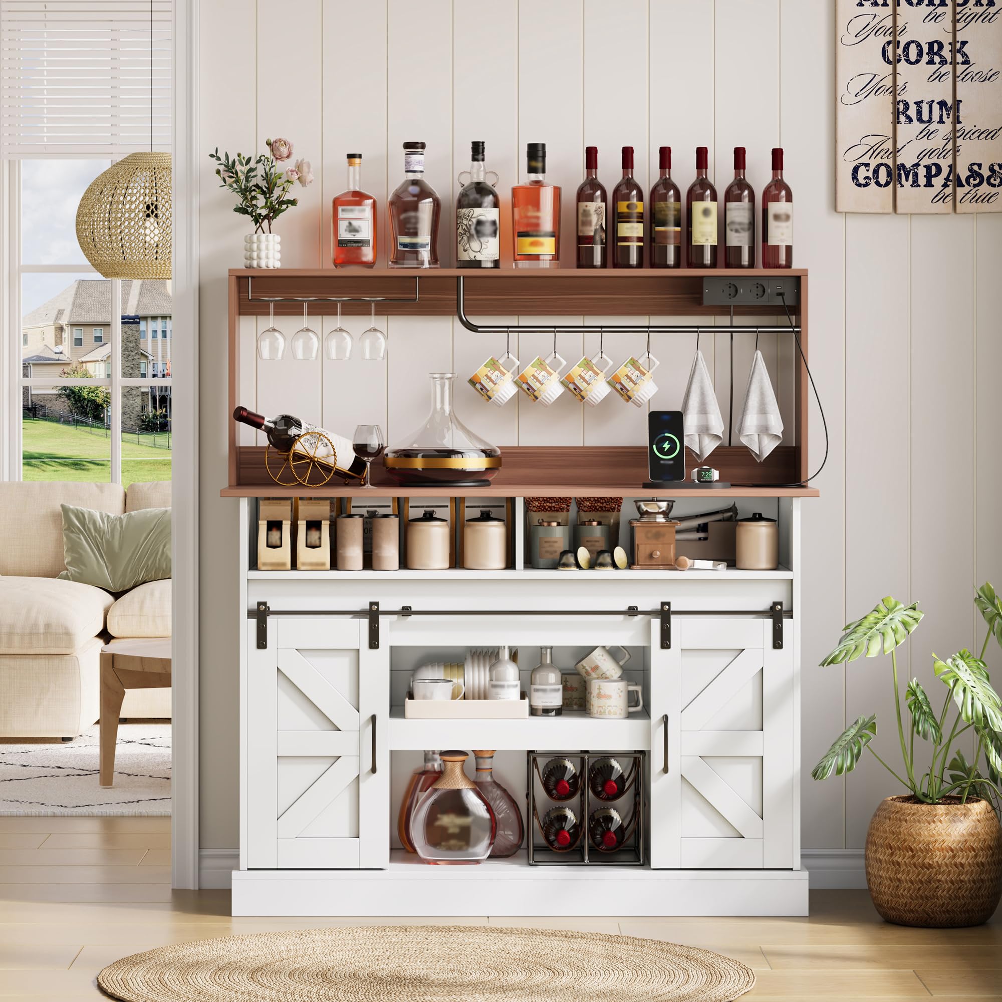 120 cm Lange Kaffeebar mit Gläserhalter und Steckdosen (2×AC, 2×USB), Sideboard mit Stauraum, Sideboard im Landhausstil für Küche/Wohnzimmer mit Schiebetüren
