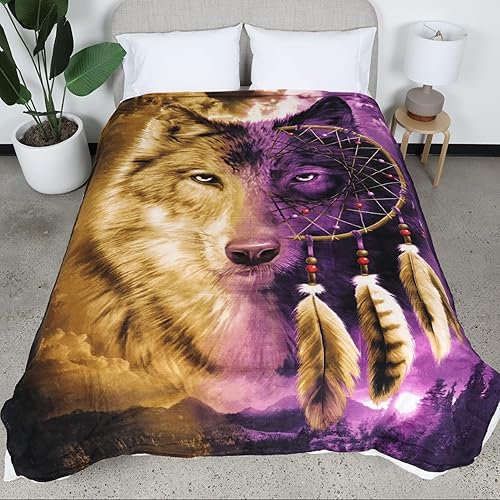 Wolf Dreamcatcher Fleece Blanket - 50x60 Inches Soft Plush Throw