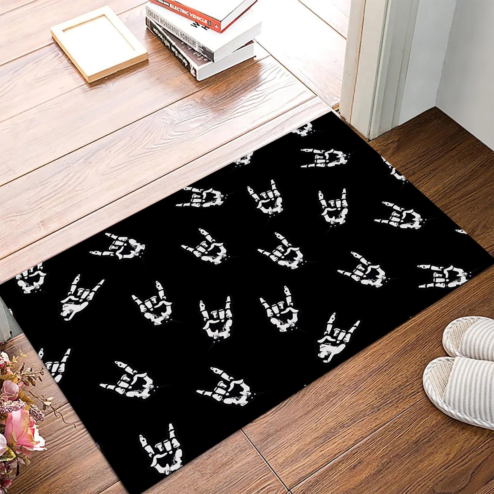 Tappetino da 80x120cm, Nero Strada Buia Pieghevole Sottile, Zerbino Lavabile Stampa Gesti Delle Mani Nella Musica Rock Teschi Antiscivolo, per Porta di Casa, Ingresso, Patio, Corridoio