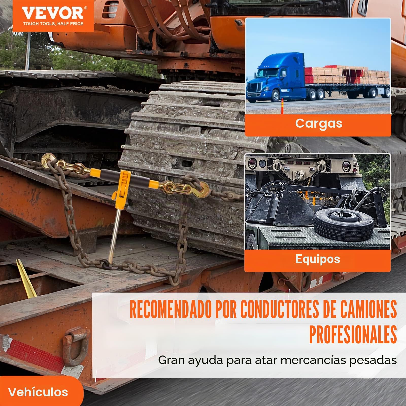 VEVOR Carpetas de trinquete, Paquete de 4 3/8-1/2" con Ganchos G80, Carga Segura 12000 Libras, Mango Antideslizante, Bridas de Cadena de Transporte para asegurar Cargas, Remolque de camión