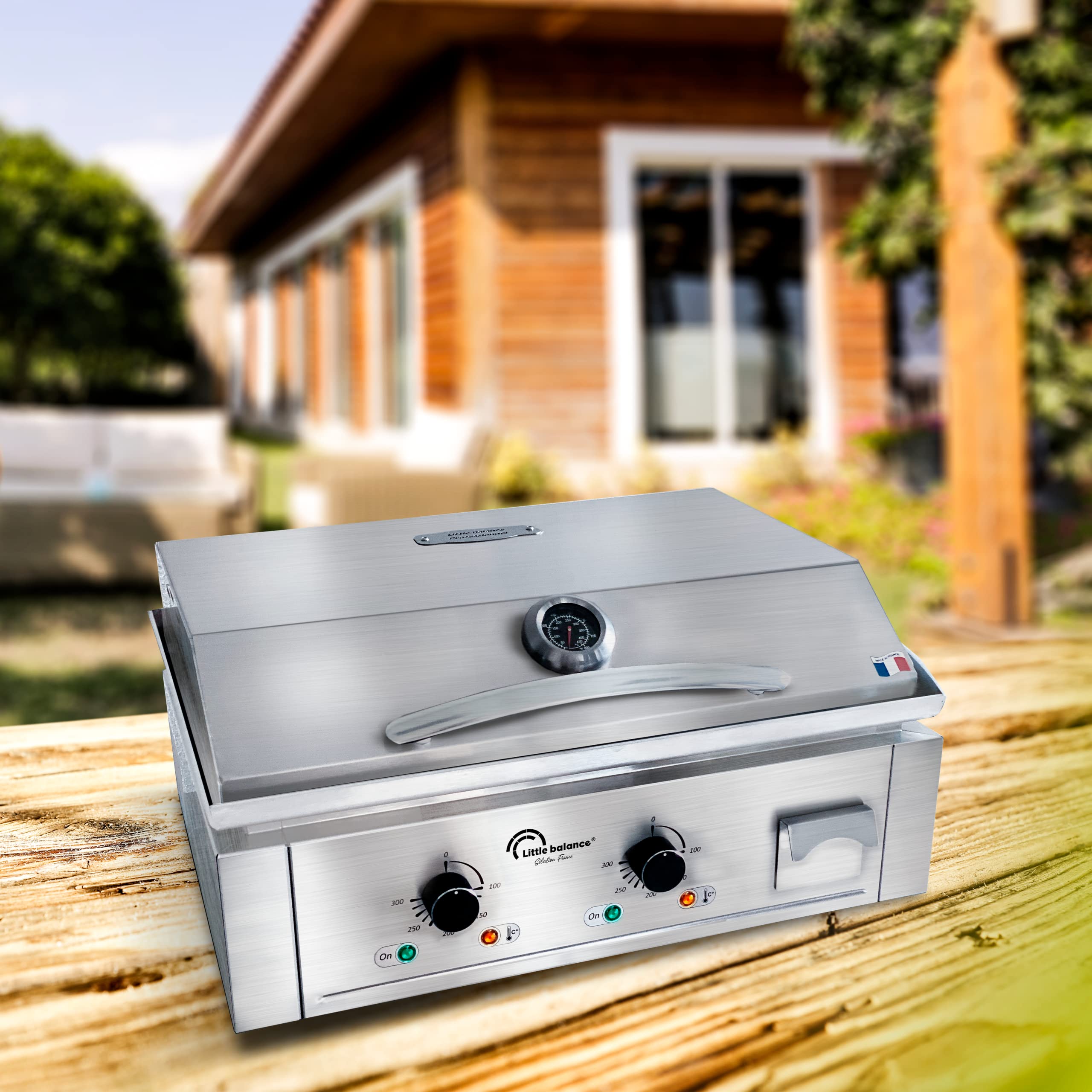 LITTLE BALANCE 8473 Aquitania Pro Plus, Piastra elettrica professionale, 2 zone di cottura, coperchio, 3500 W, Fabbricazione francese, Tutto Inox
