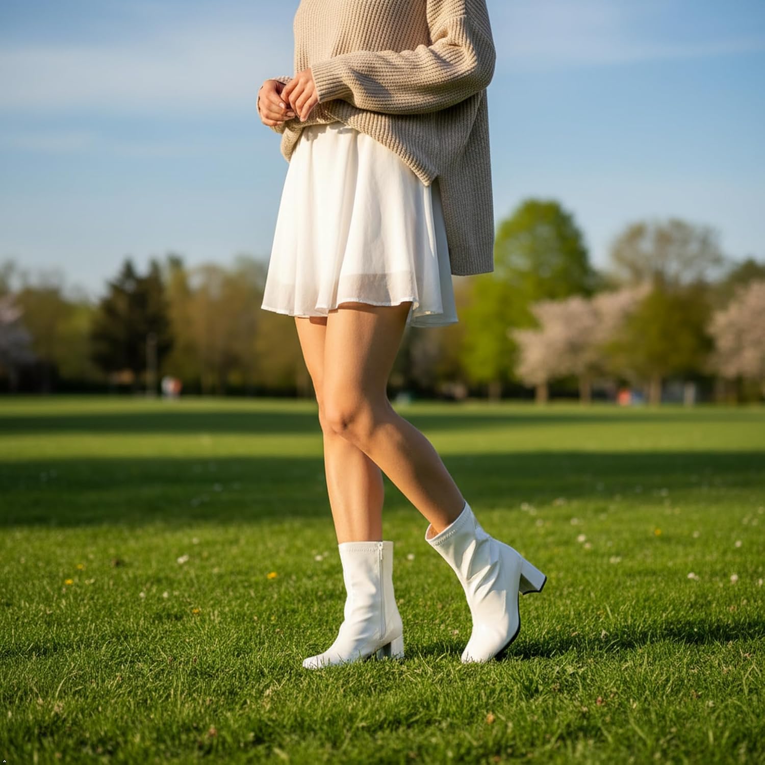 LIURUIJIA Women's Gogo Boots Mid Calf Block Heel Square Toe Zipper Boots Low Heel Short Booties