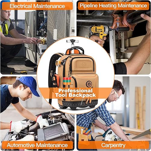 Miniatura 8 de Mochila de herramientas con rueda, mochila de herramientas rodante para electricista, bolsa de herramientas de lona resistente en la rueda para