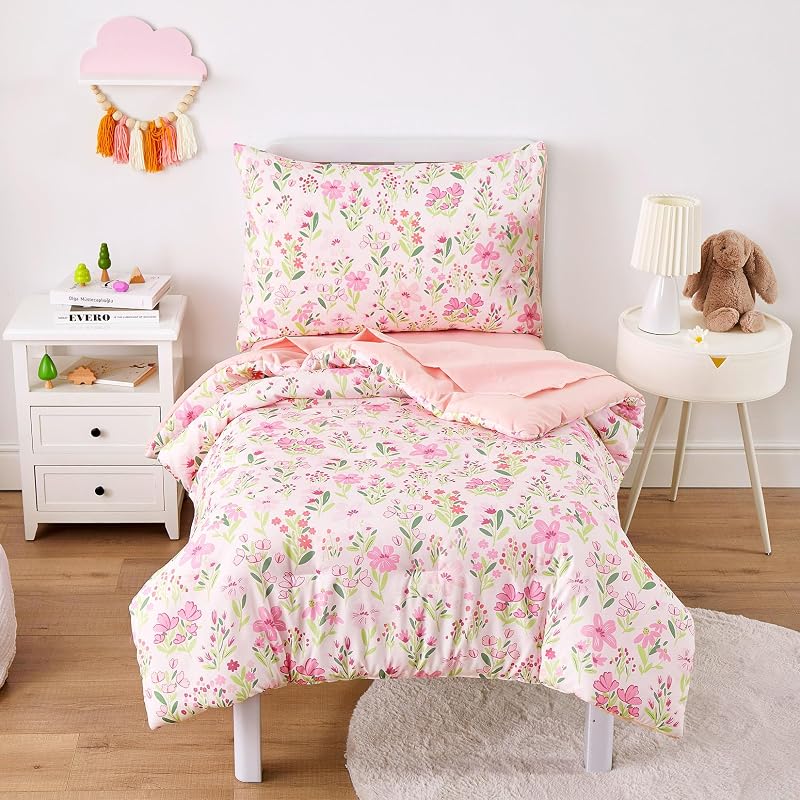 Juego de ropa de cama floral para niñas, bonitas flores botánicas de colores, juego de cama de cuna suave de 4 piezas que incluye edredón, sábanas y funda de almohada, rosa claro