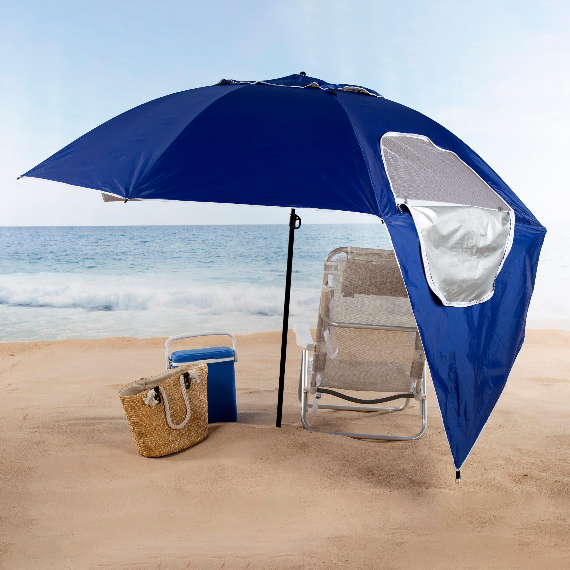 AKTIVE Grand Parasol de Plage, 240 cm, Couleur Bleu, mât en Acier, réglable en Hauteur, Tissu Polyester, Protection UV50, Grands parasols + étui de Transport avec poignée (62349), Bleu, Grande