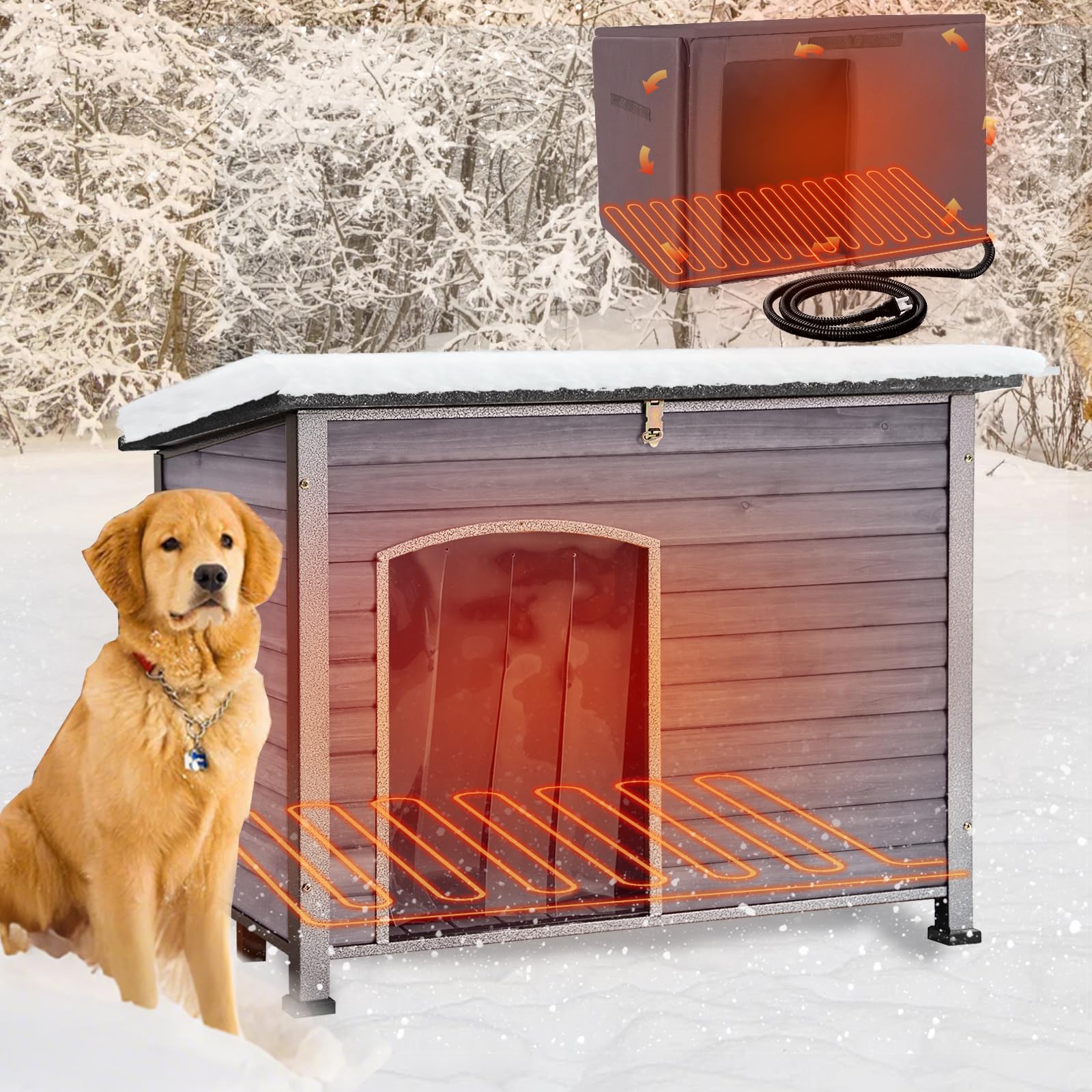 Aivituvin Heated Dog House with Insulated Liner for Winter Strong Iron Frame Outdoor Dog Kennel Pet Shelter, Heating Pad Include