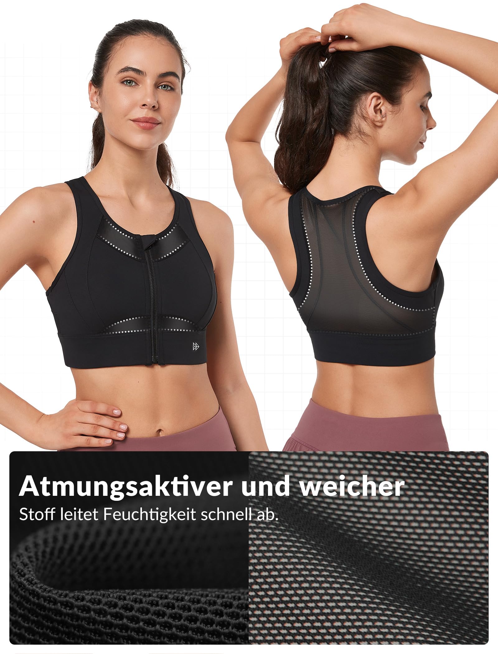 Yvette Reggiseno sportivo da donna, con chiusura frontale, in rete, copertura completa, corsa, fitness, equitazione