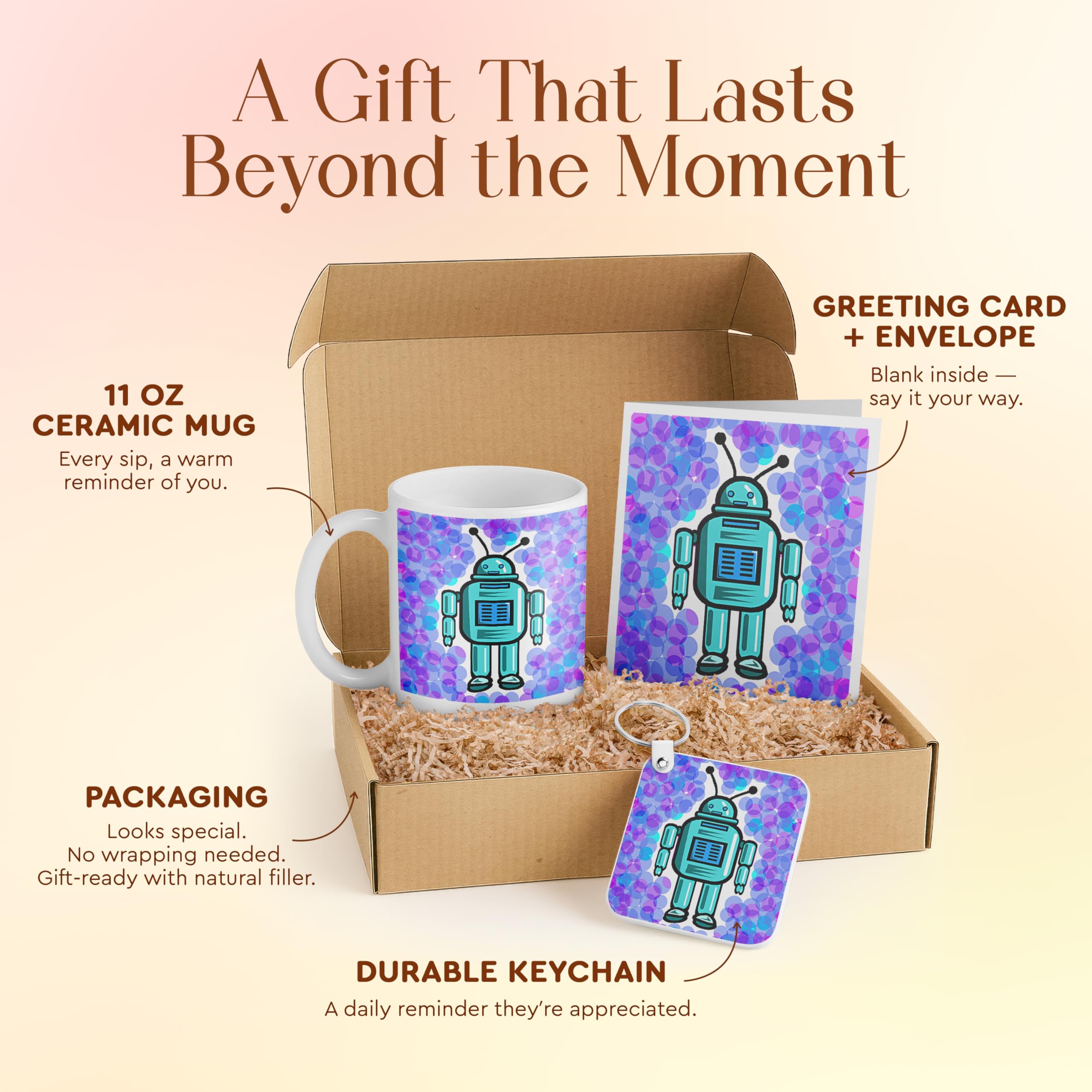 3dRose Robot Gift Set for Kids - Mug, Keychain, and Card with Colorful Robot Illustration - Perfect for Birthdays, Holidays, and Tech Lovers
