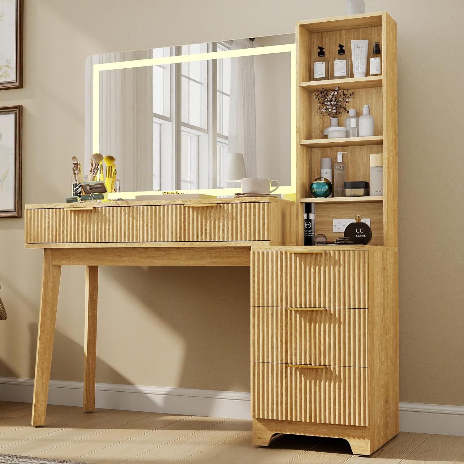 Fluted Makeup Vanity Desk: 48" Oak Vanity Desk with Mirror and Lights, Glass Top Makeup Desks with 5 Drawers, Large Make Up Table with Outlets for Women
