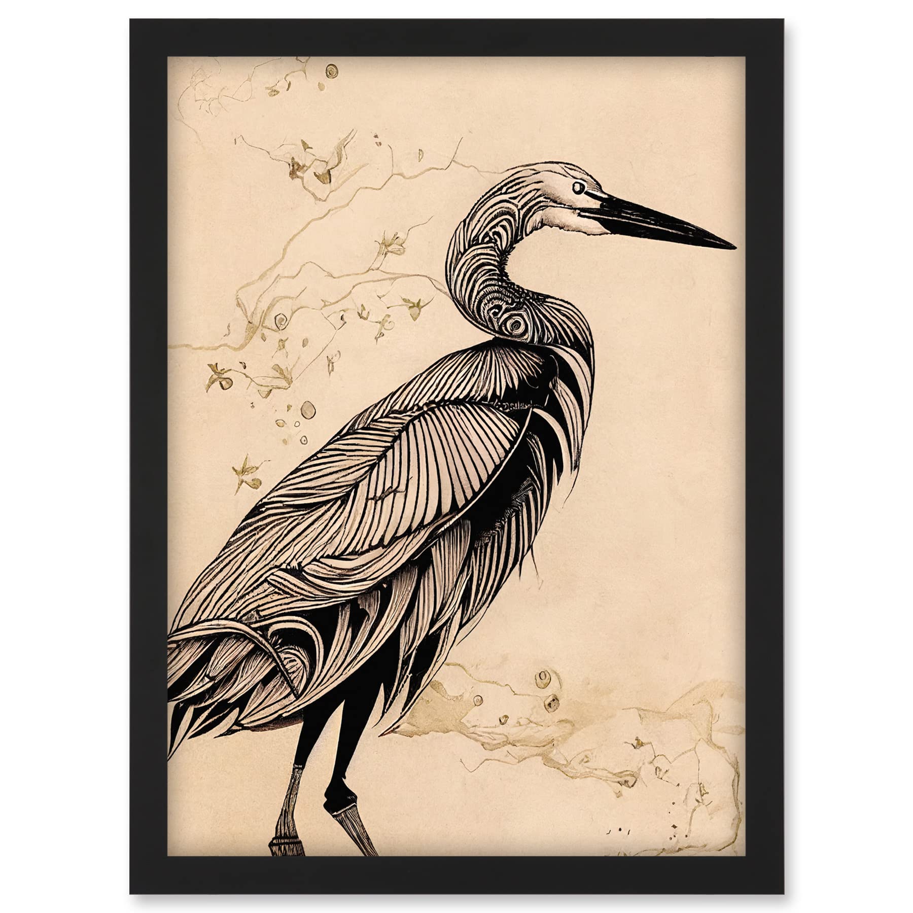 Doppelganger33 LTD Heron Bird Simple Ink Illustration Artwork Framed A3 Wall Art Print