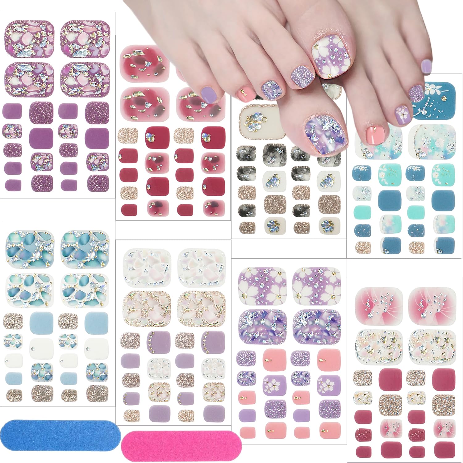 8Sheets Glitter Toe Nail Stickers Decals Spring Summer Flower Nail Polish Strips Self-Adhesive Marble Design Gel Nail Strips Decals Supplies Semi