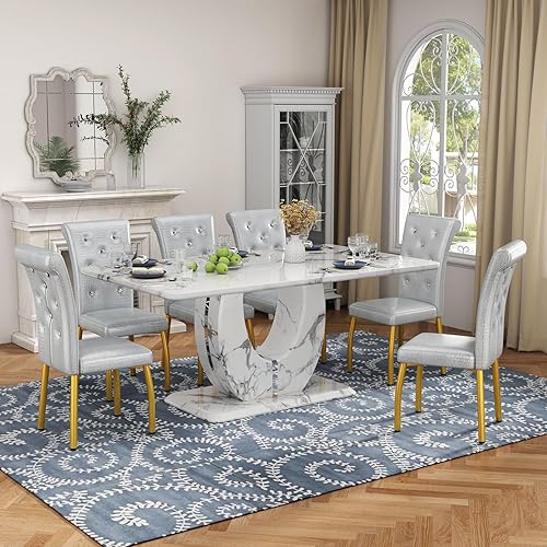Miniatura 8 de JUFU Juego de mesa de comedor de mármol para 6 personas con mesa de mármol sintético de 63 pulgadas y pedestal en forma de U, mesa de comedor 6
