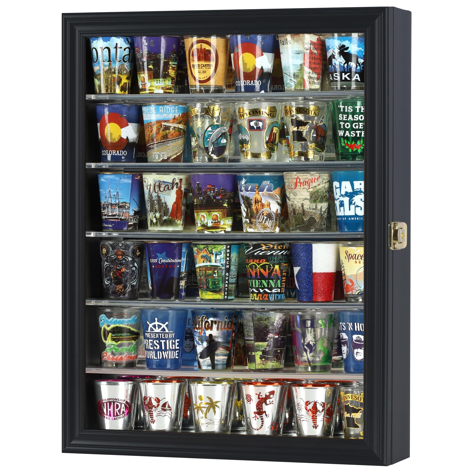 Souvenir Shot Glass Display Case Shadow Box Wall Mounted Cabinet Mirror Background Black