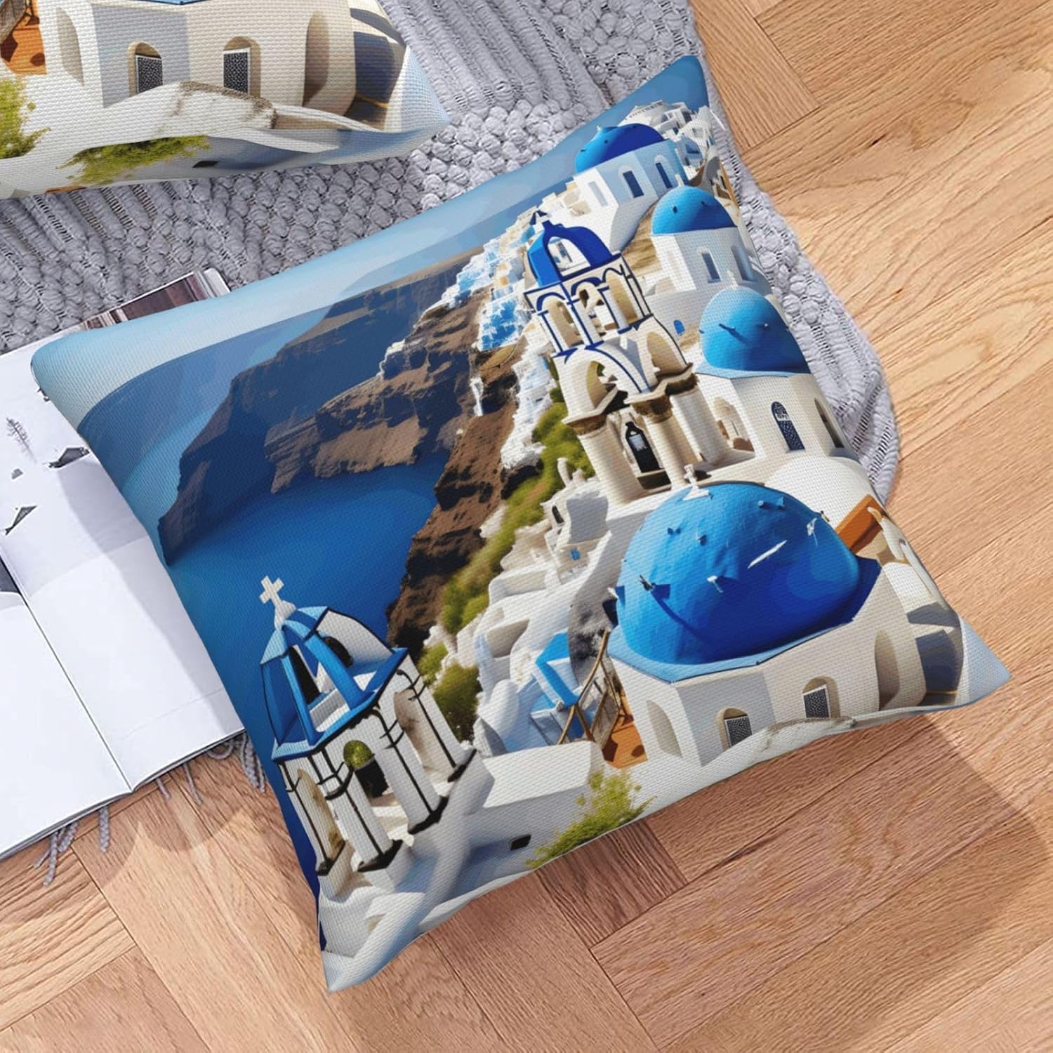 Greek Island sea View Imitation Linen Pillowcase -2 Sets, Fashionable Home Decoration, Used for Sofas, Gardens, beds