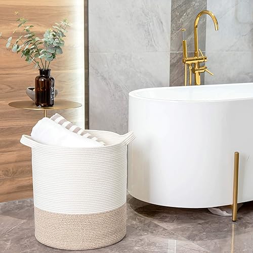 Miniatura 6 de MINTWOOD Design Cesta decorativa de cuerda de algodón tejida extra grande de 20 x 18 pulgadas, cesta alta para ropa sucia, cesta de manta para sala