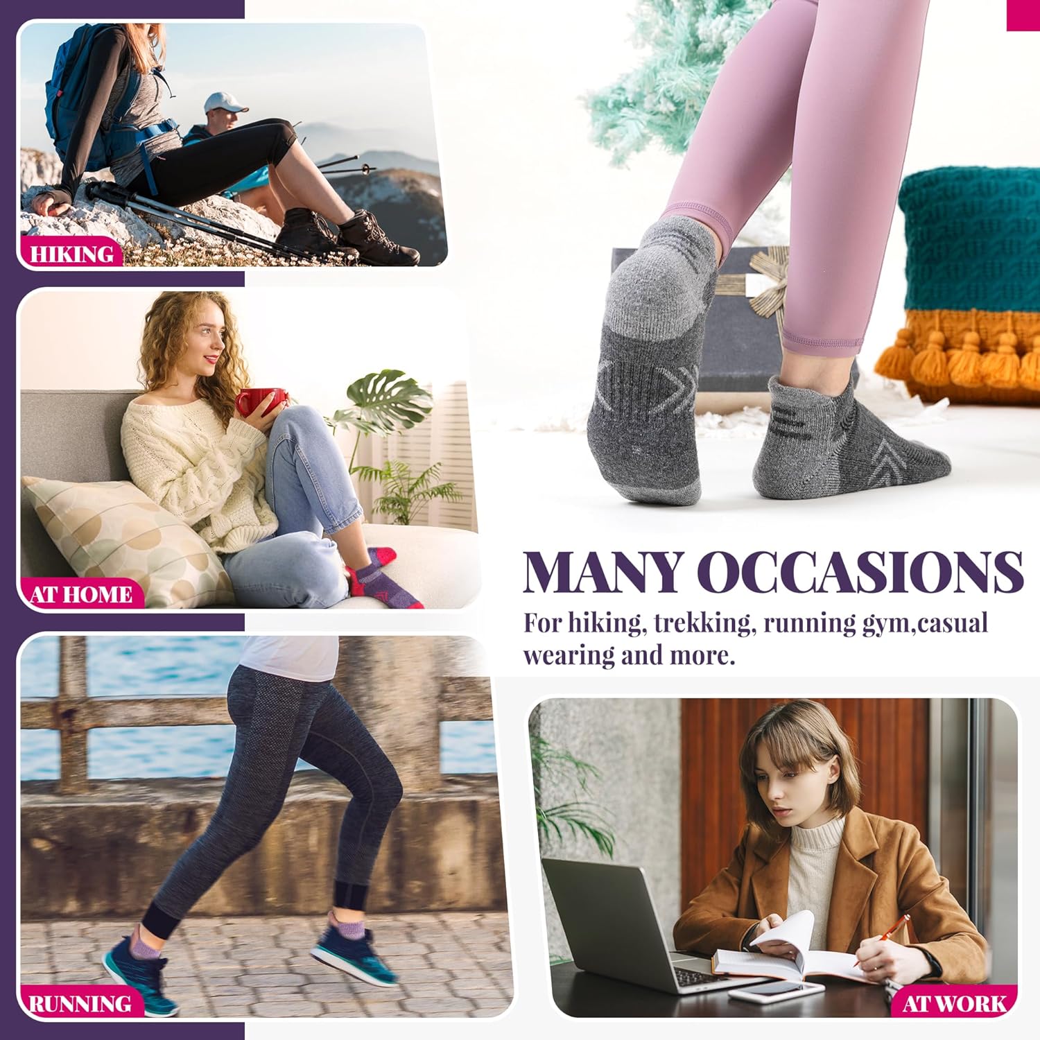 Velice Merino Wool Ankle Hiking Running Socks for Women Compression Thick Athletic Cushion Breathable No Show Socks 6 Pairs - Image 6