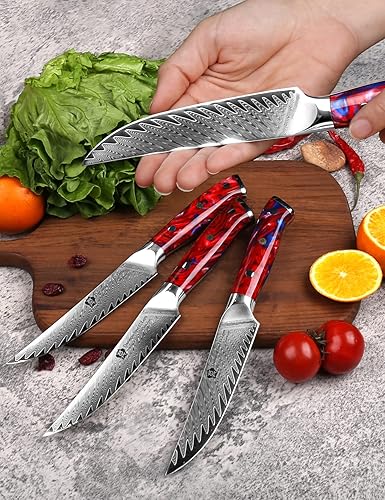 Miniatura 8 de WILDMOK Cuchillos para carne, juego de 4 cuchillos de carne no dentados de 5 pulgadas, cuchillos japoneses de acero Damasco VG10, cuchillos de carne