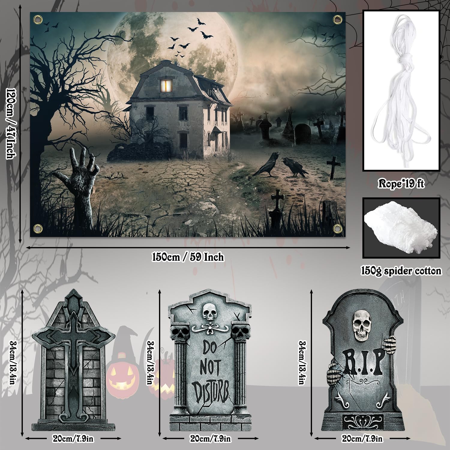 MGahyi Dekoracja garażu na Halloween z nagrobkami, pajęczyna do drzwi garażowych, łuku, samochodu, na zewnątrz, do bagażnika lub jako upominek (styl nagrobków)