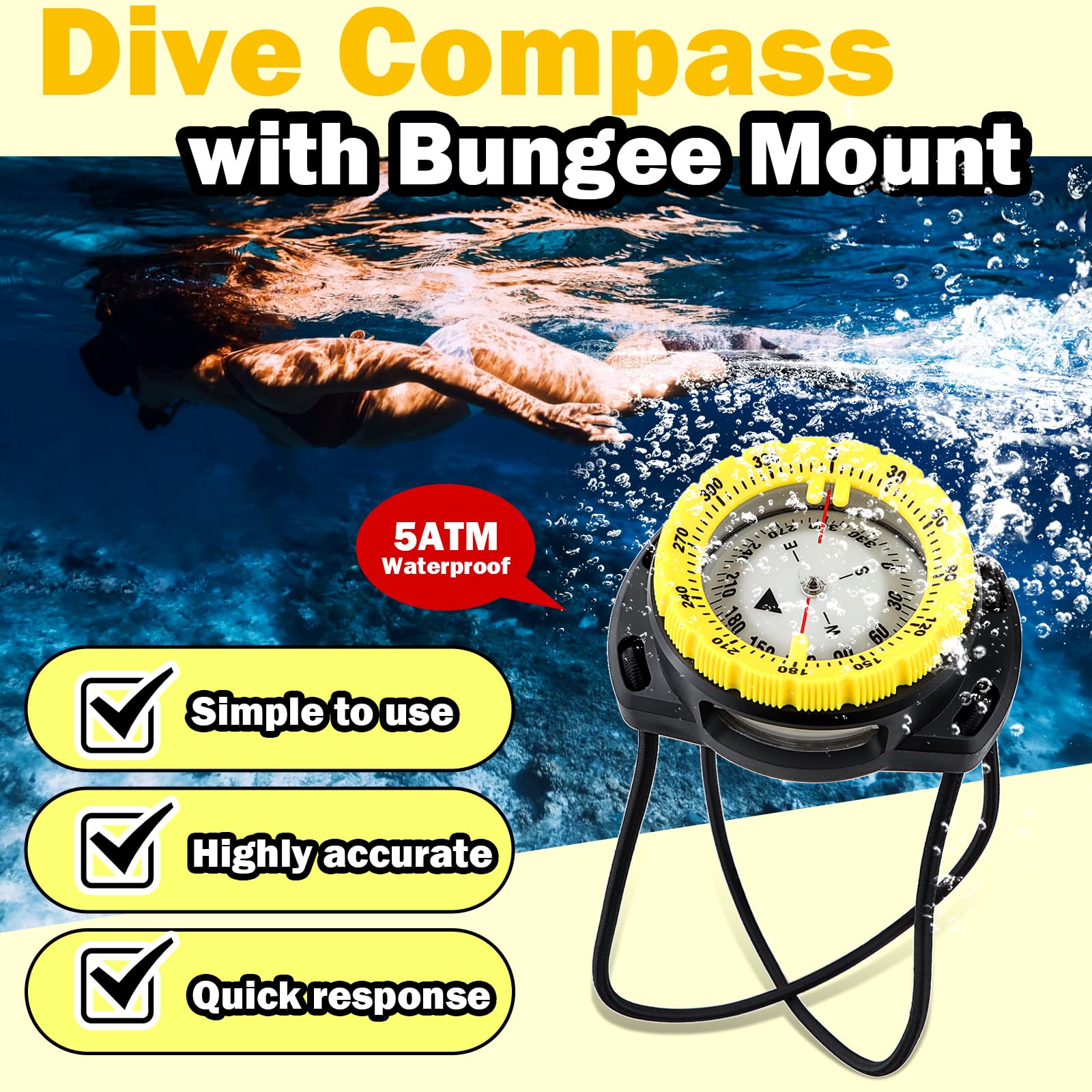 Scuba Dive Compass, Waterproof 5ATM Marine Navigation Wrist Compass with Bungee Mount and Cord, Glow in The Dark for Underwater Diving, Sailing, Camping, Kayaking, Hiking (Yellow)