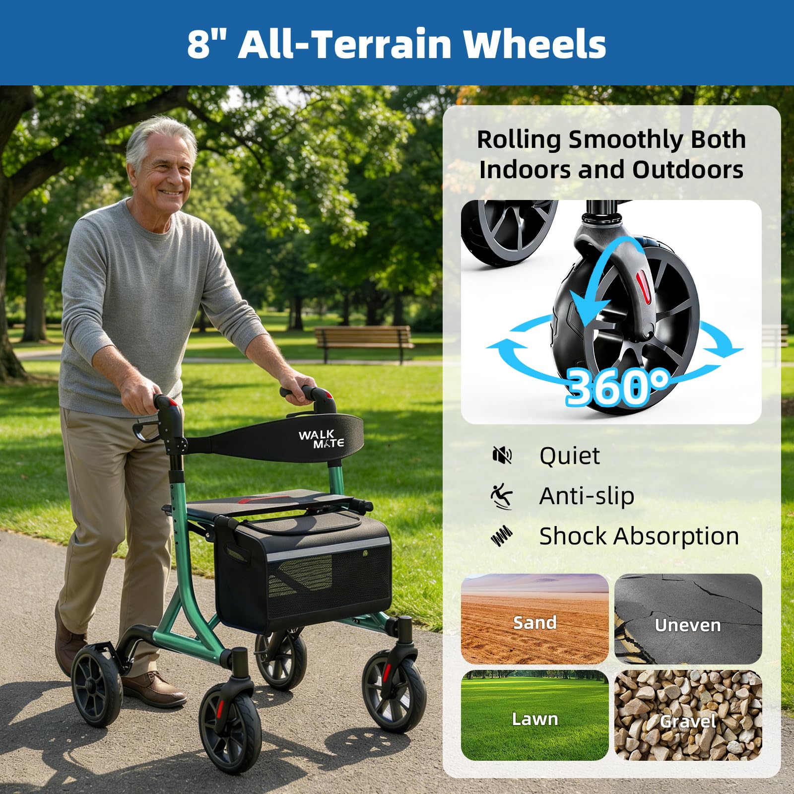 WALK MATE Andador con ruedas para personas mayores con soporte para tazas, botón mejorado para ajuste de altura, ruedas de 4 x 8 pulgadas con respaldo acolchado, plegable, ligero, ayuda para caminar,