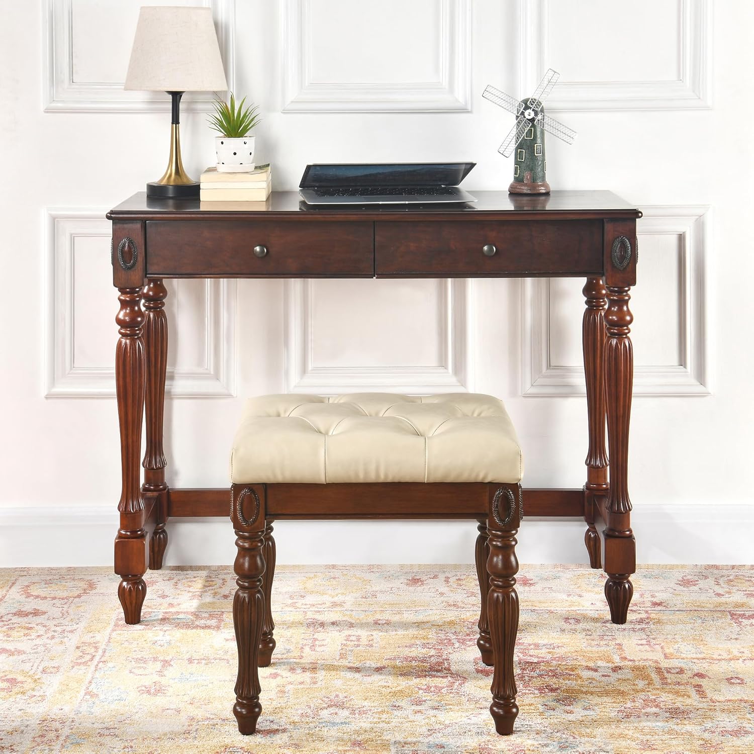 Vanity Bench Stool with Upholstered Seat, Piano Bench with Solid Wood Carving Legs, Home Chairs Button Padded Cushion, Makeup Dressing Bench, No-Tools Assembly, Cherry Walnut Leg & Beige FD1533BG