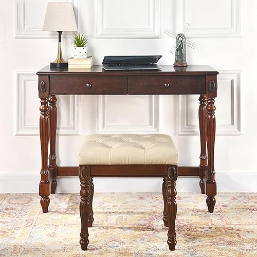 Miniatura 7 de MODERION Taburete de tocador con cojín acolchado, banco de piano con patas talladas de madera maciza, sillas para el hogar, asiento tapizado de