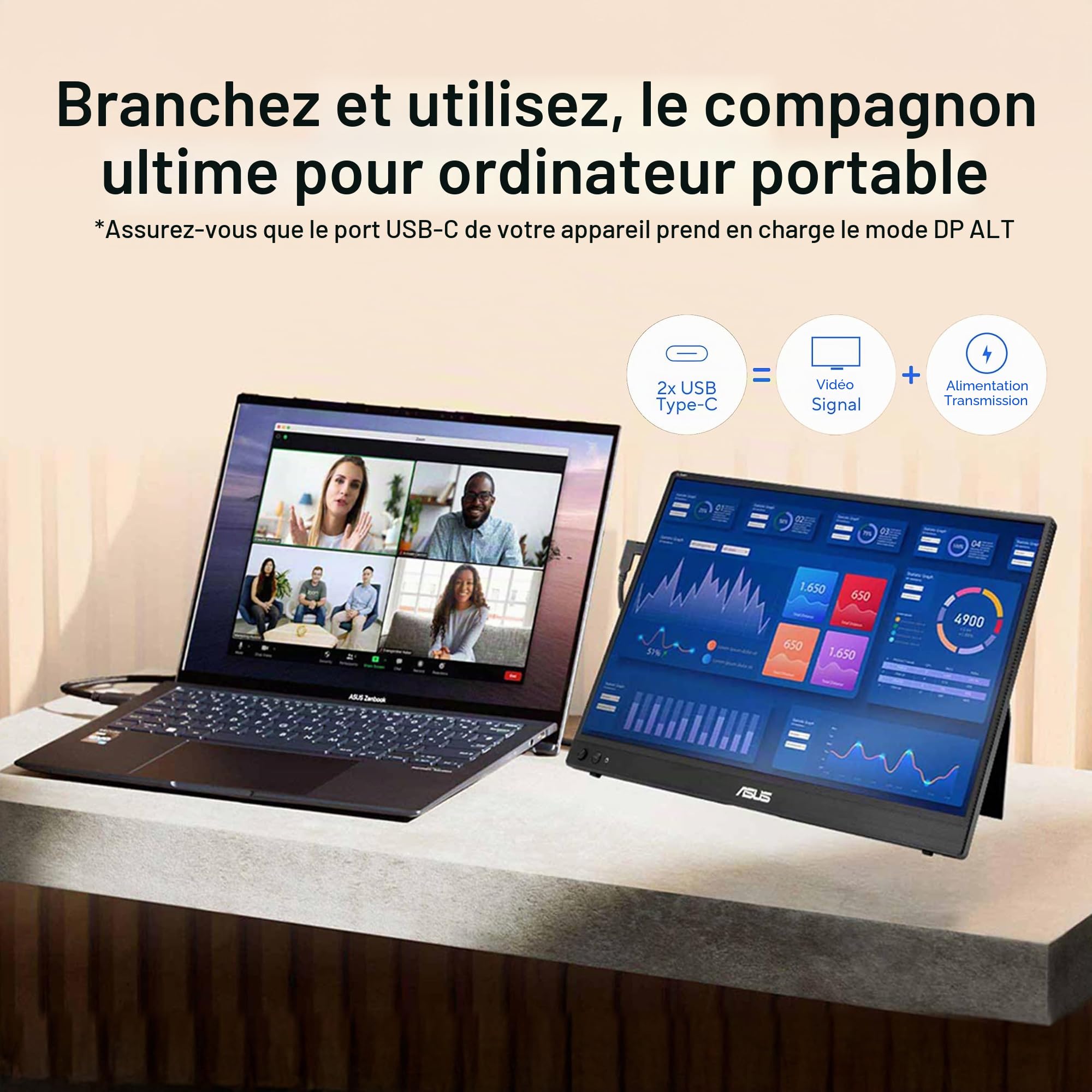 ASUS ZenScreen MB16AHVE - Écran portable 16 pouces (diagonale utile de 15,6 pouces), FHD, dalle IPS, alimentation par le câble, rotation automatique, trépied, USB Type-C®, mini-HDMI®, sans scintilleme