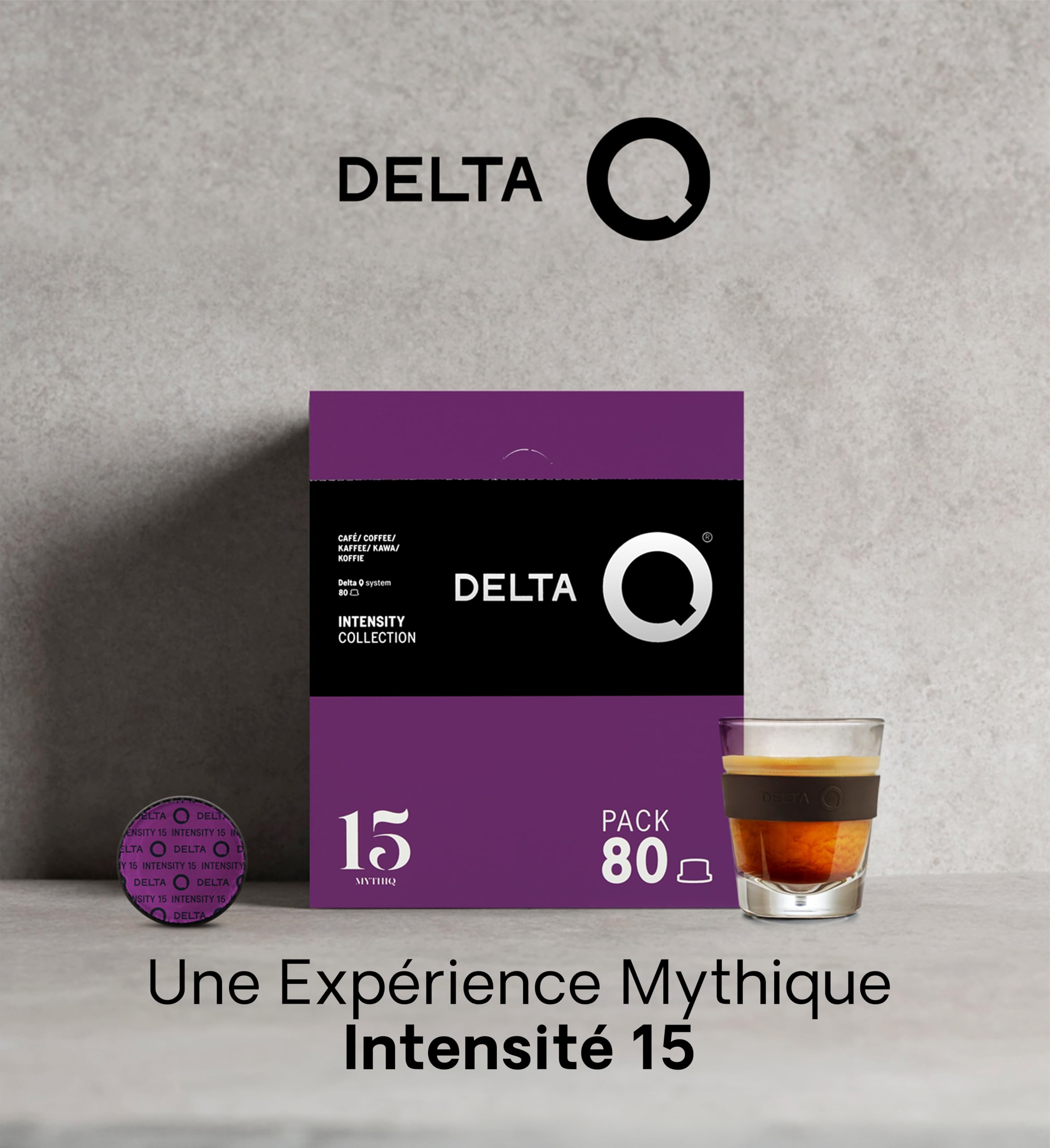 Delta Q 80 Capsules de Café MythiQ, Intensité 15 | Compatibles avec les Machines Delta Q, Espresso Intense aux Notes de Cacao, Chocolat et Noix Grillées, Fabriqué en Portugal