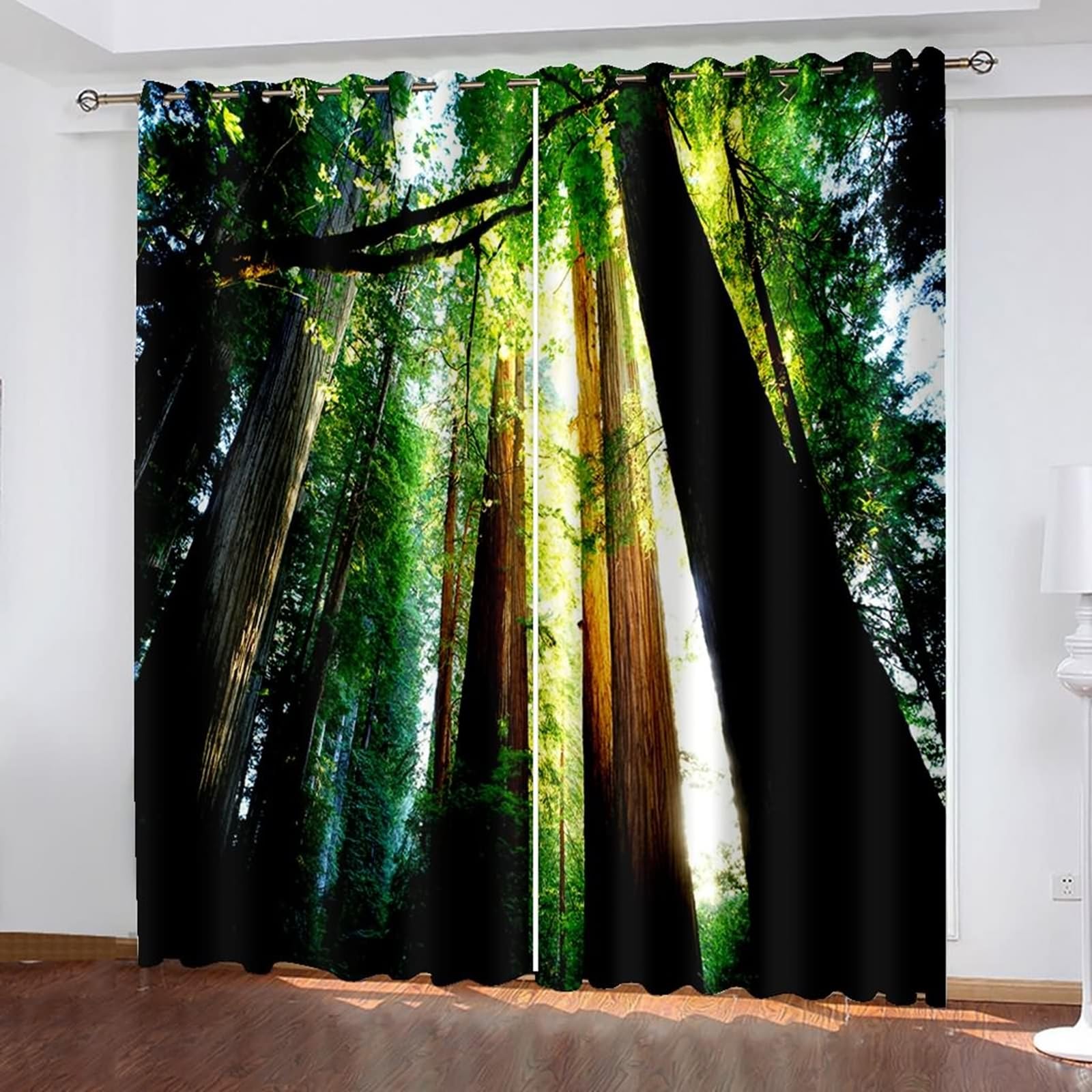 Rideaux Occultants 2 Panneaux, Rideau Salon Moderne à Oeillets Paysage de Arbres Sul Le Soleil Fenêtre Rideaux pour Chambre Salon Decor Intérieurs, 137x214 CM(LxH), Vert Marron