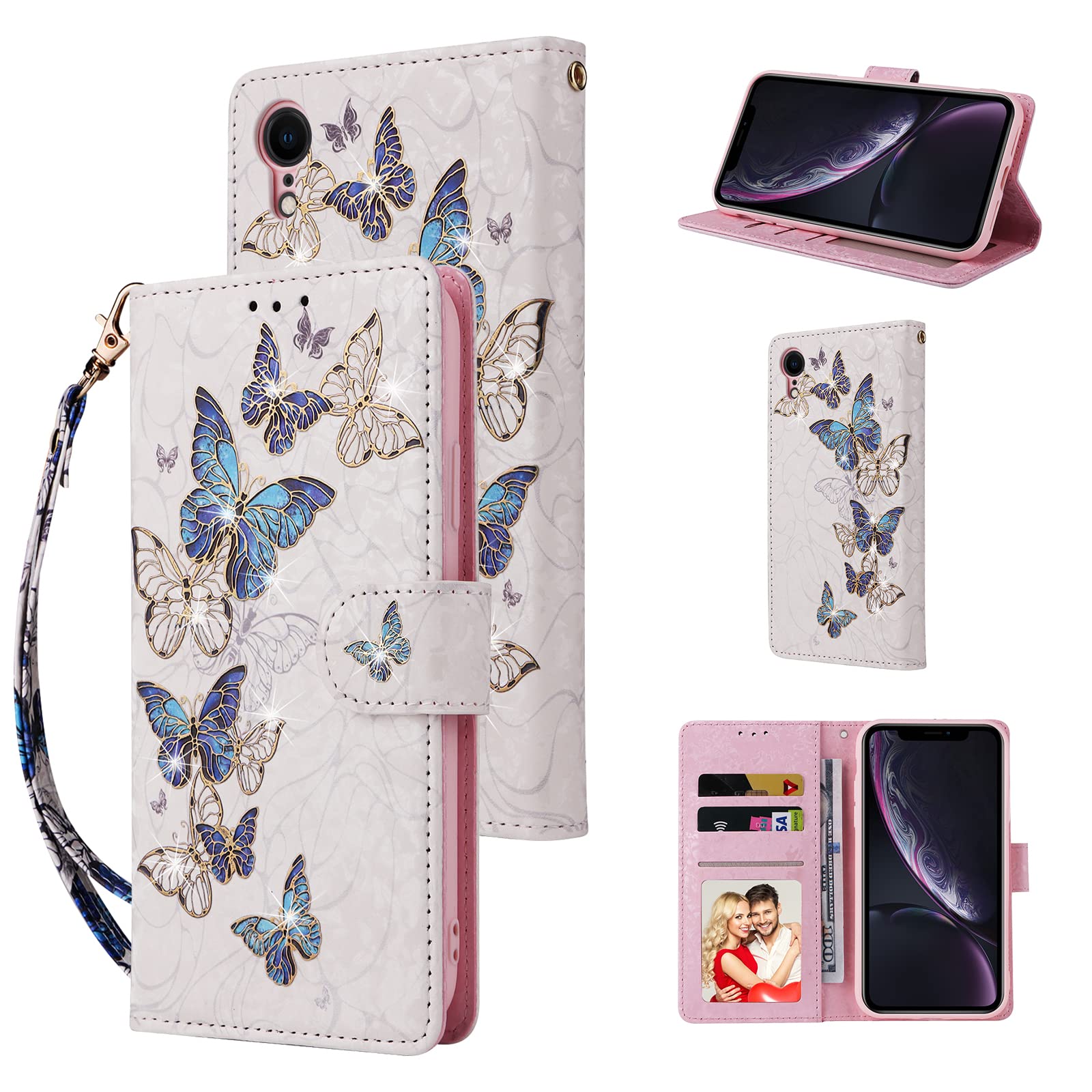 UEEBAI Wallet Case for iPhone XR, PU Leather Phone Case Kickstand RFID Blocking Flip Case with Card Slots Wrist Strap Relief Engraved Pattern Magnetic Closure Folio Case - Blue Butterfly