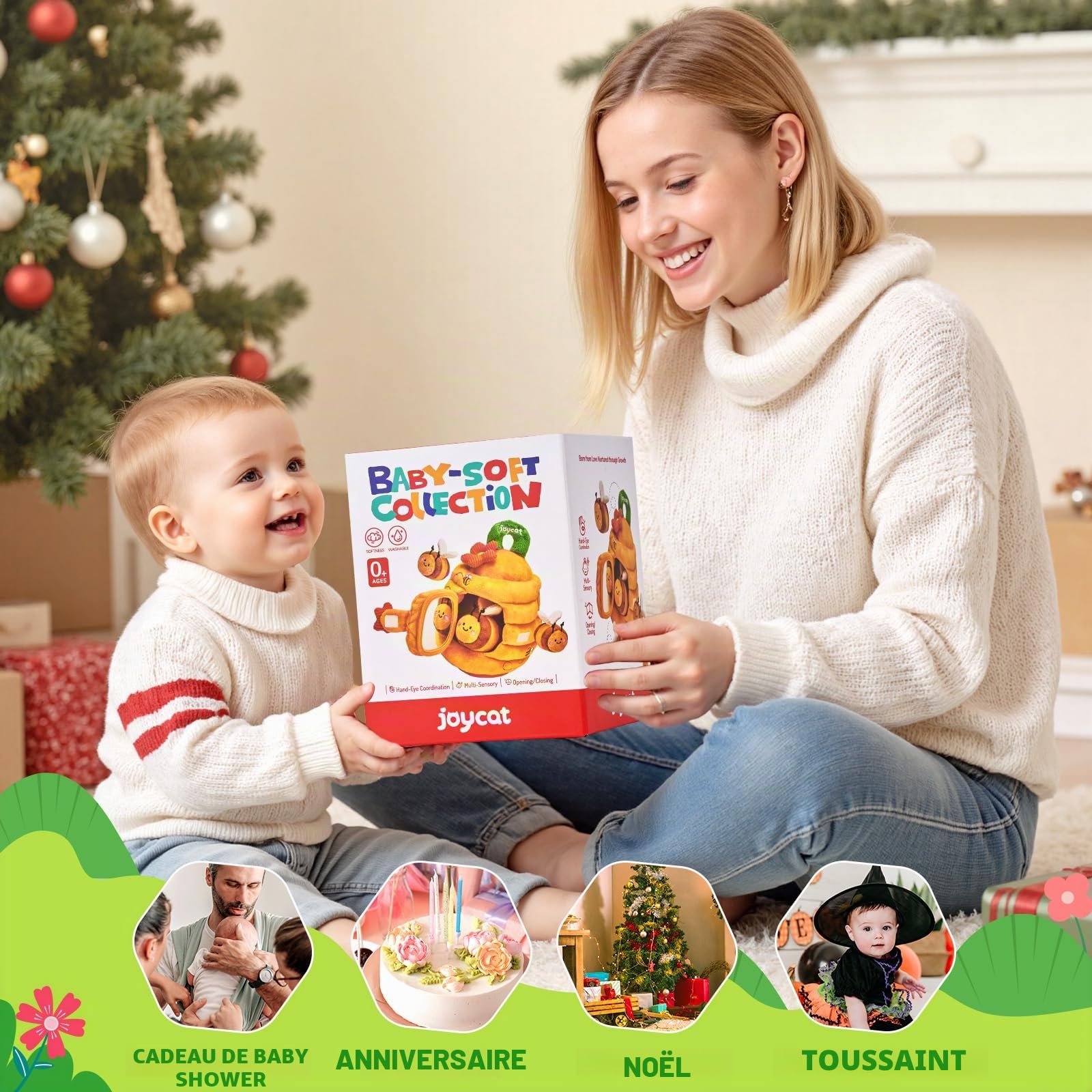 JoyCat Jouet Bebe 6-12 Mois, Ruche avec 5 Abeilles en Peluche, Jouet Montessori avec Hochets, Miroirs, Jeux Sensoriel Bebe 6 Mois, Cadeau Bebe Enfant 1 an Garçon Fille