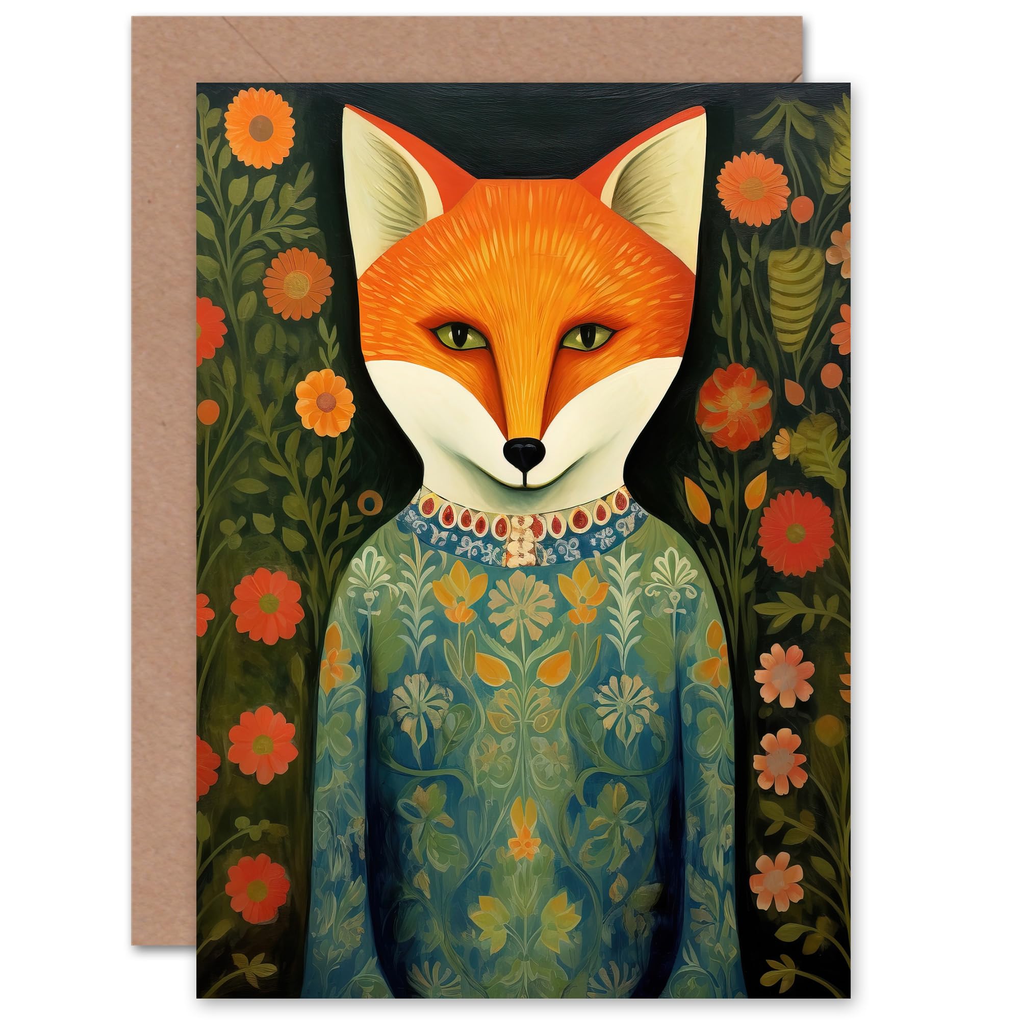 Fox Flaunting Fancy Floral Frock Flower Field Fun Birthday Blank Greeting Card