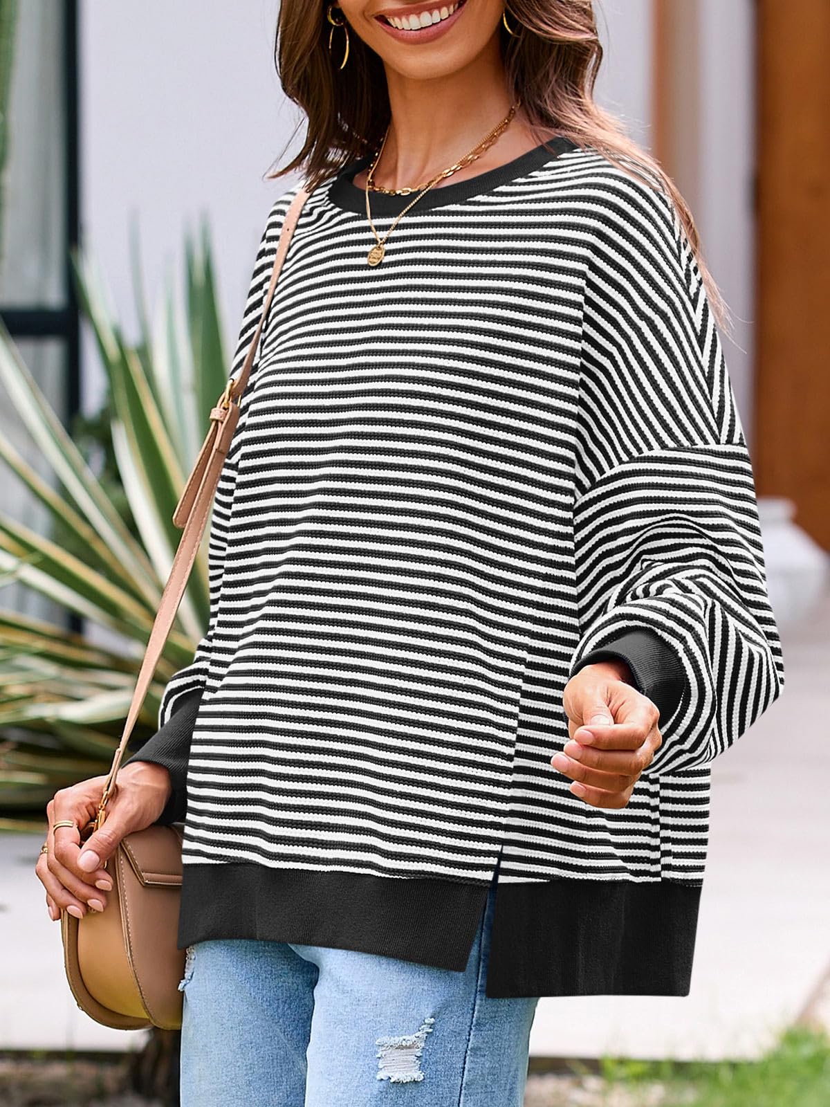 Sudadera de otoño de gran tamaño para mujer, informal, de punto gofre, manga larga, cuello redondo, dividida, túnica — view 3